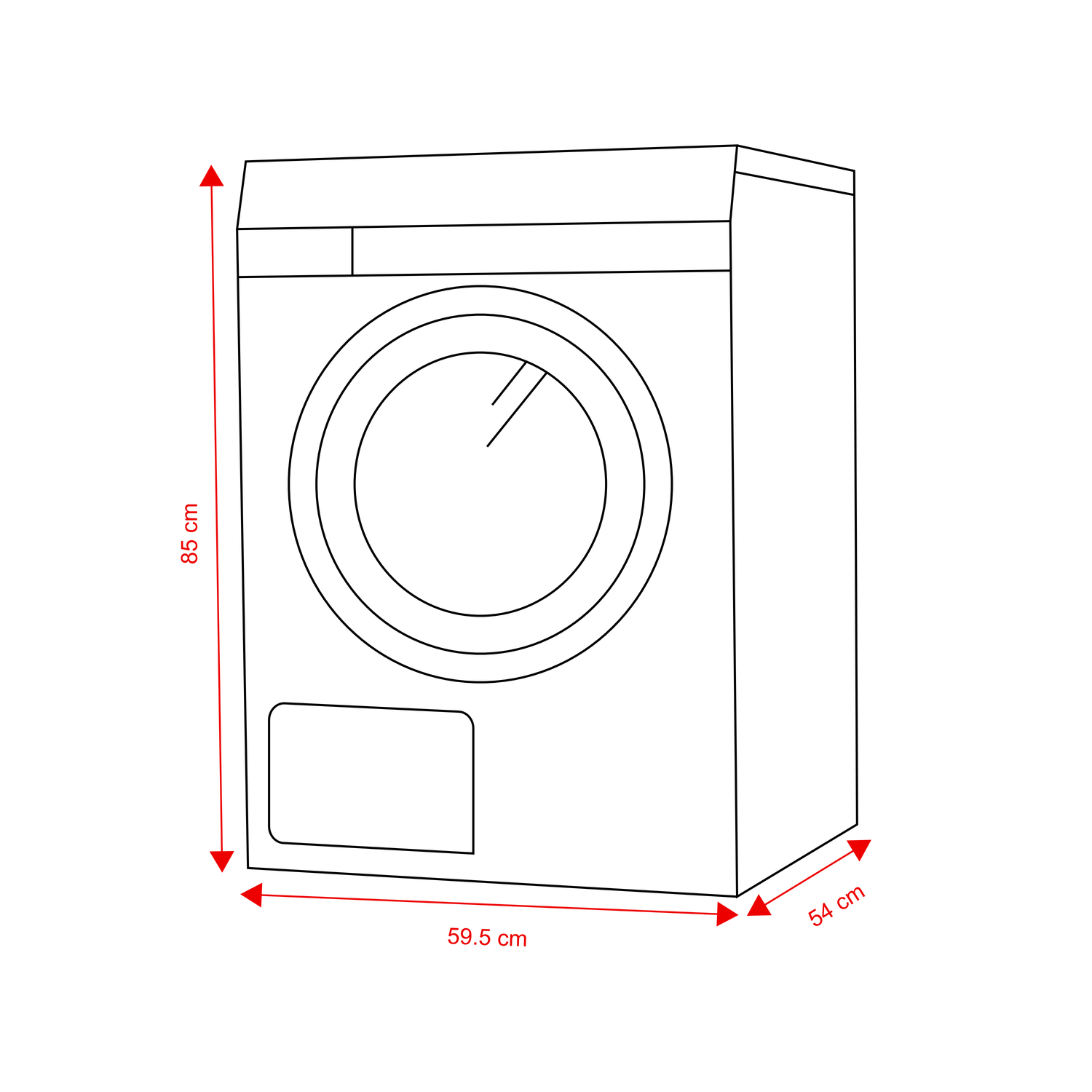 Line drawing of a washing machine with dimensions of 85 cm height, 59.5 cm width, and 54 cm depth.