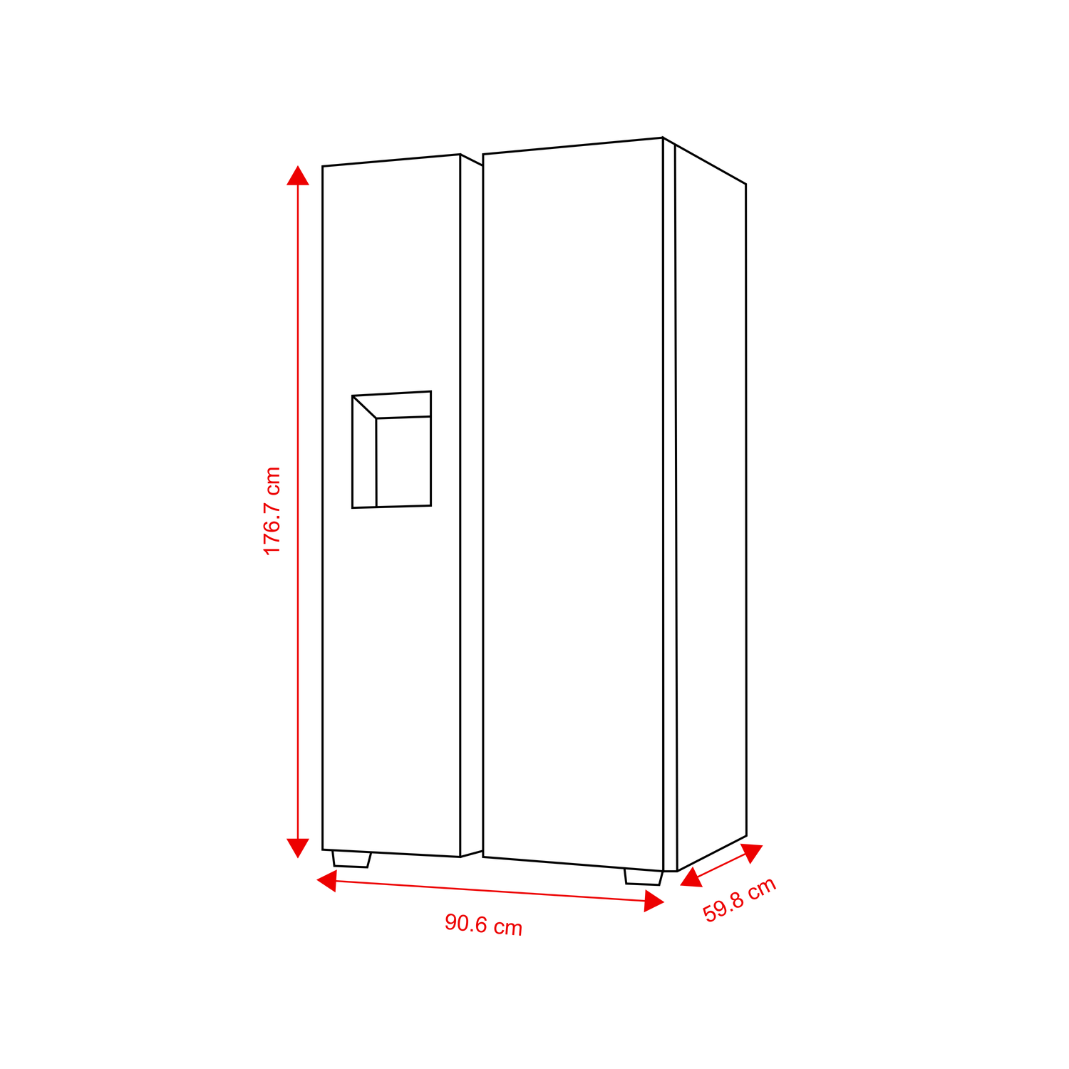 Lijntekening van een Amerikaanse koelkast met rode maatvoeringspijlen voor hoogte, breedte en diepte.