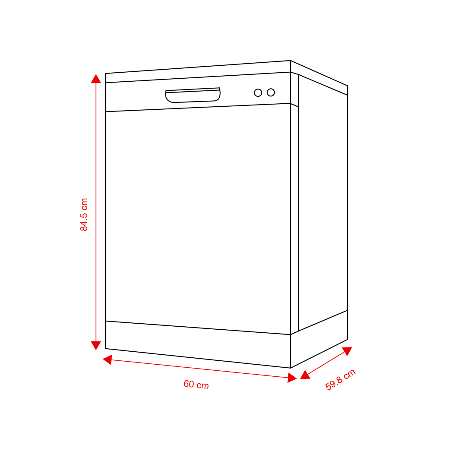 Line drawing of a dishwasher with red dimensions: 84.5 cm height, 60 cm width, 59.8 cm depth.