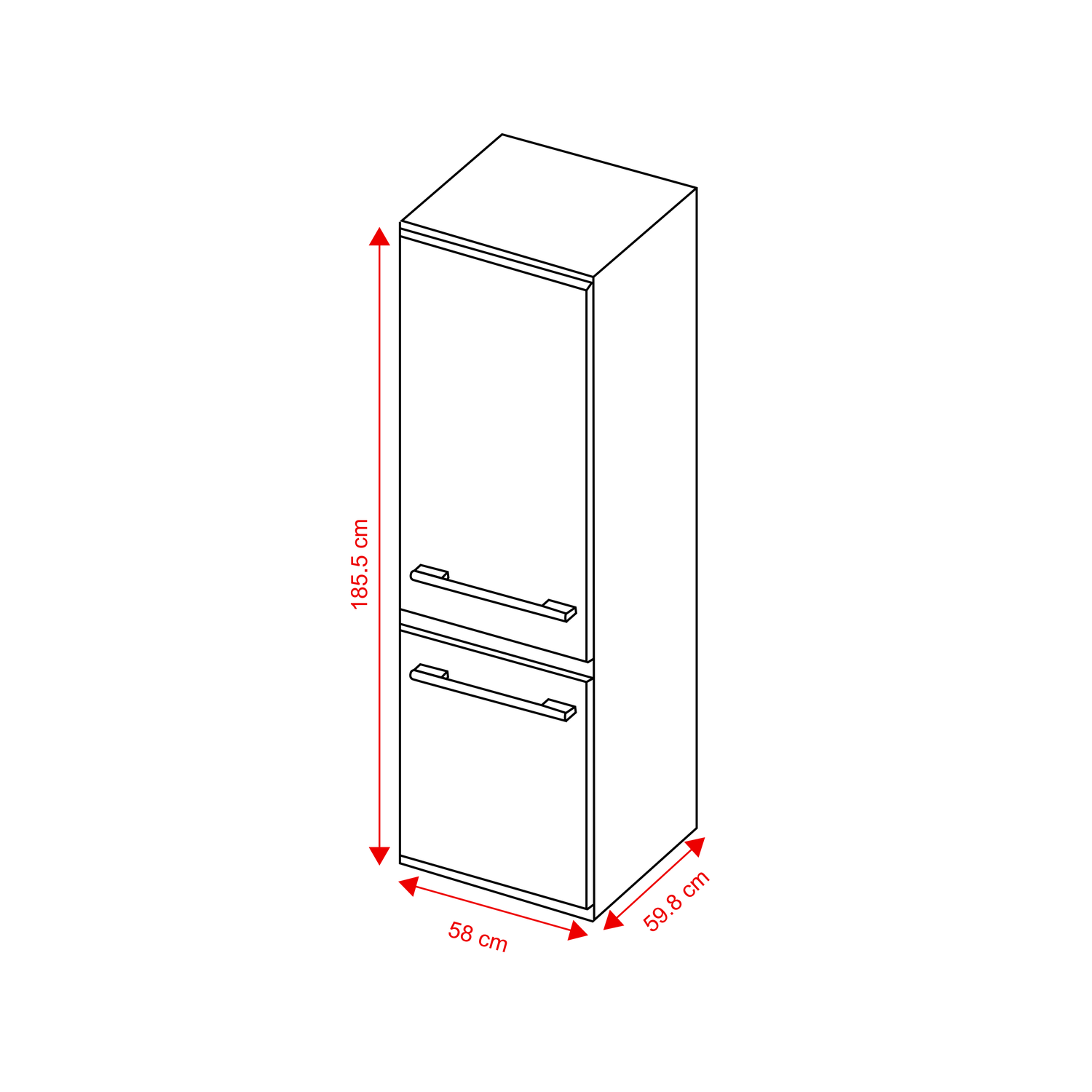 Lijntekening van een kast met afmetingen: hoogte 185,5 cm, breedte 58 cm, diepte 59,8 cm.