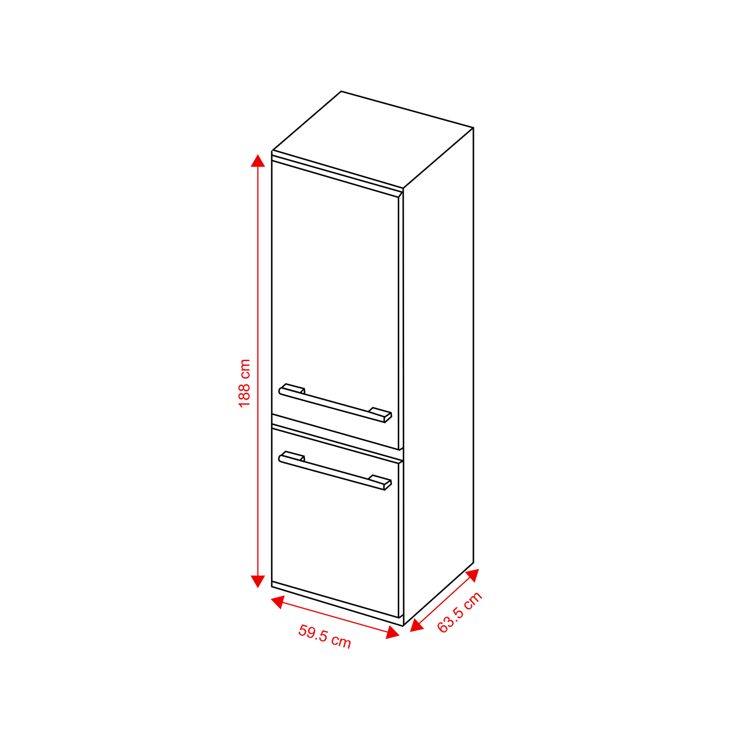 Line drawing of a cabinet with dimensions: height 188 cm, width 59.5 cm, depth 63.5 cm.