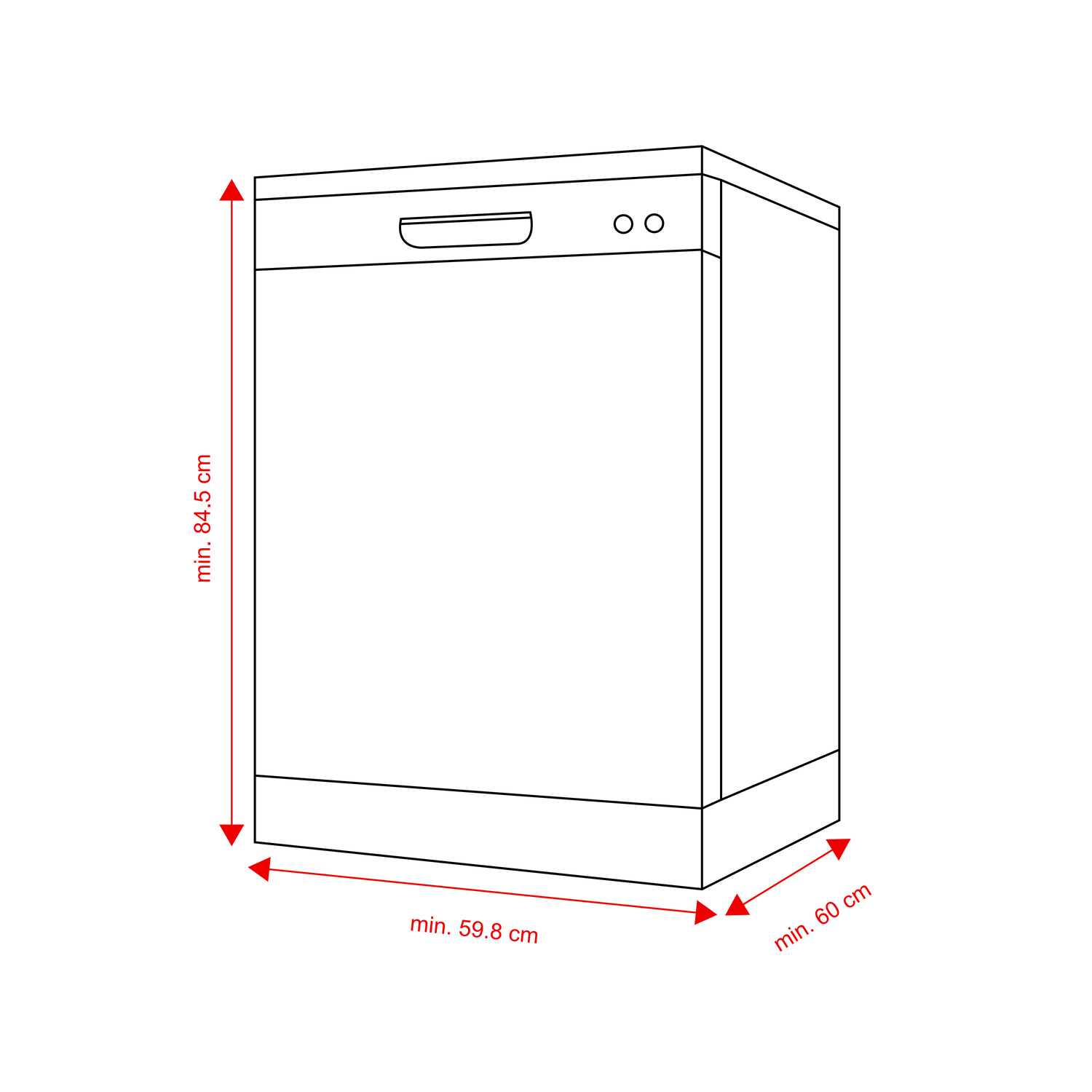 Line drawing of a dishwasher with red dimension arrows indicating height, width, and depth.
