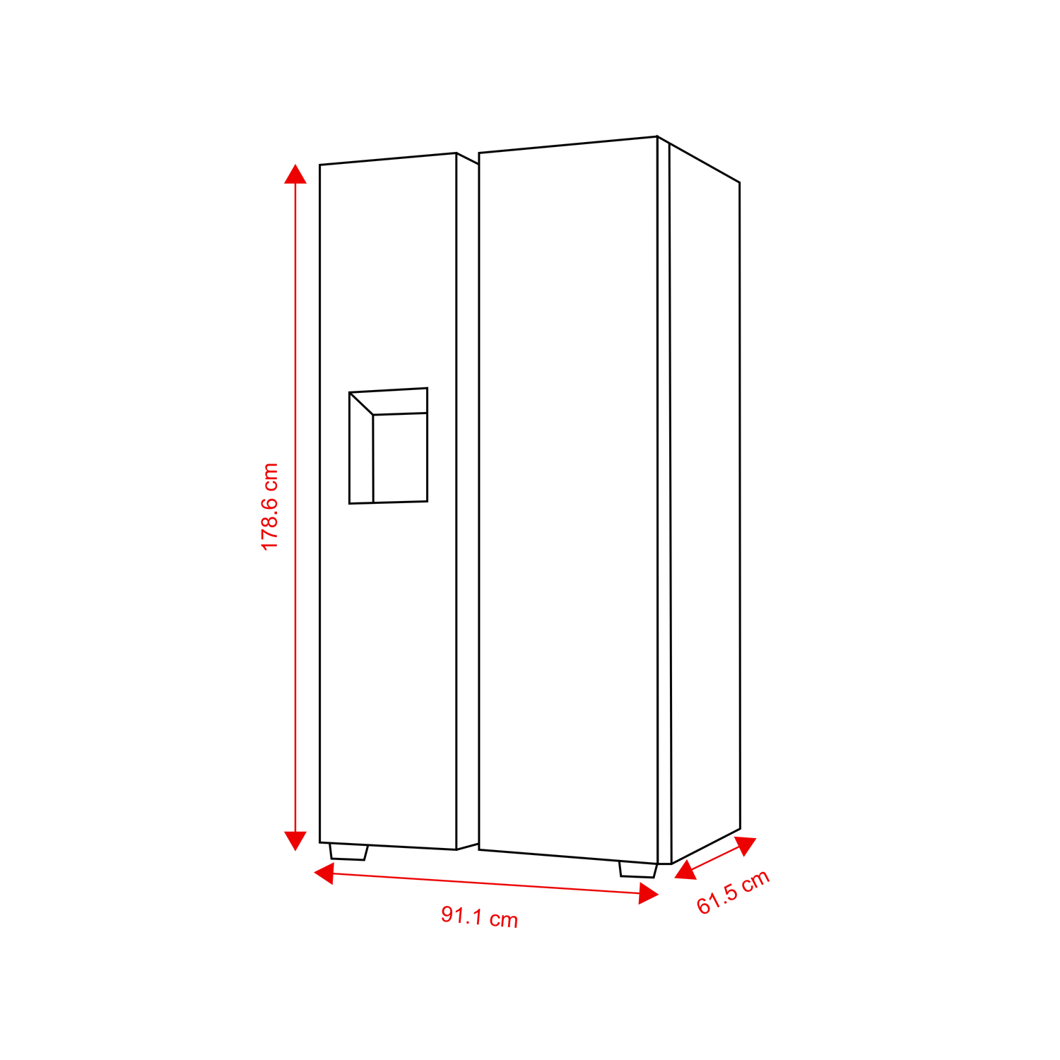 Dessin au trait d'un réfrigérateur avec des dimensions de hauteur, de largeur et de profondeur.