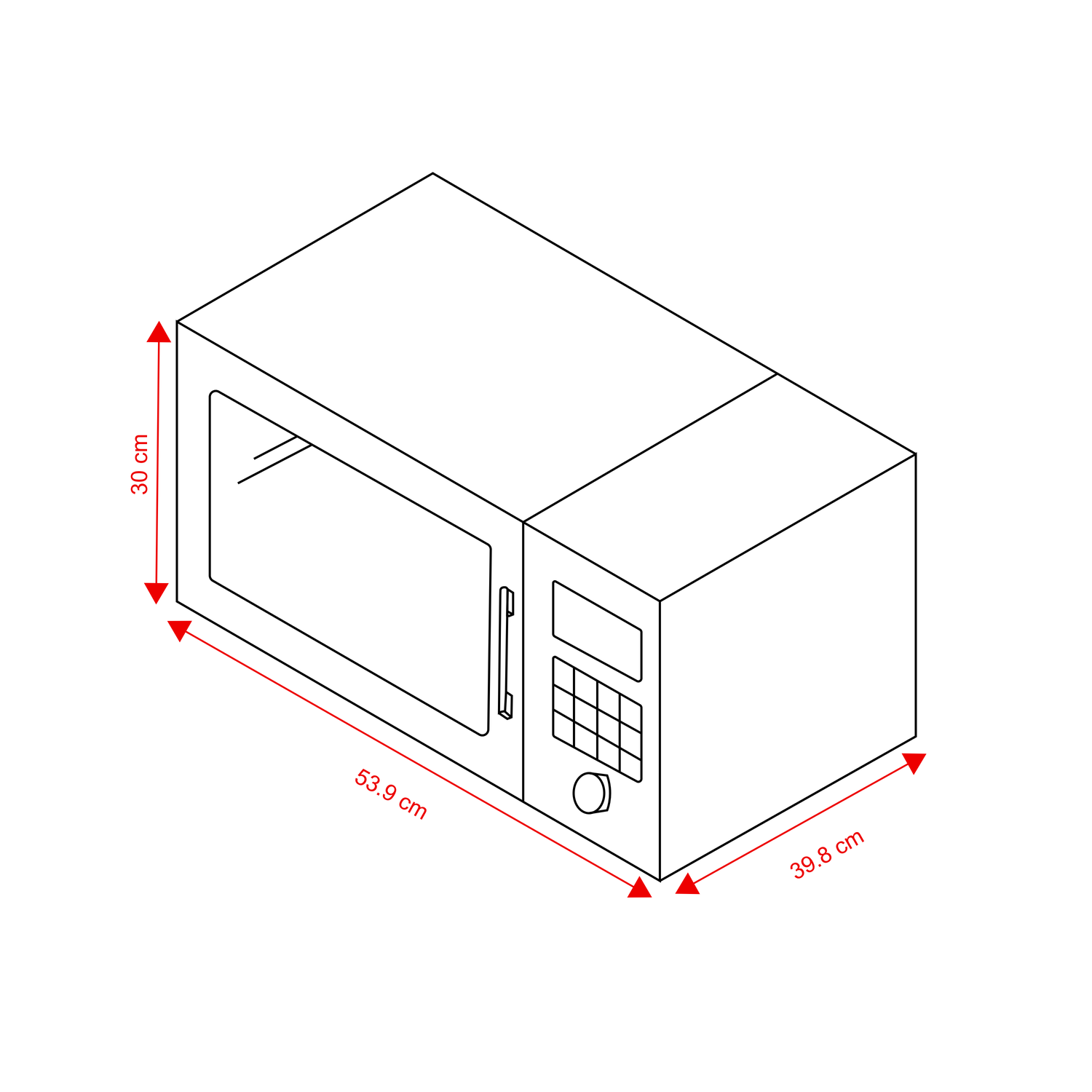 Dessin au trait d'un micro-ondes avec dimensions : 30 cm de hauteur, 53,9 cm de largeur, 39,8 cm de profondeur.