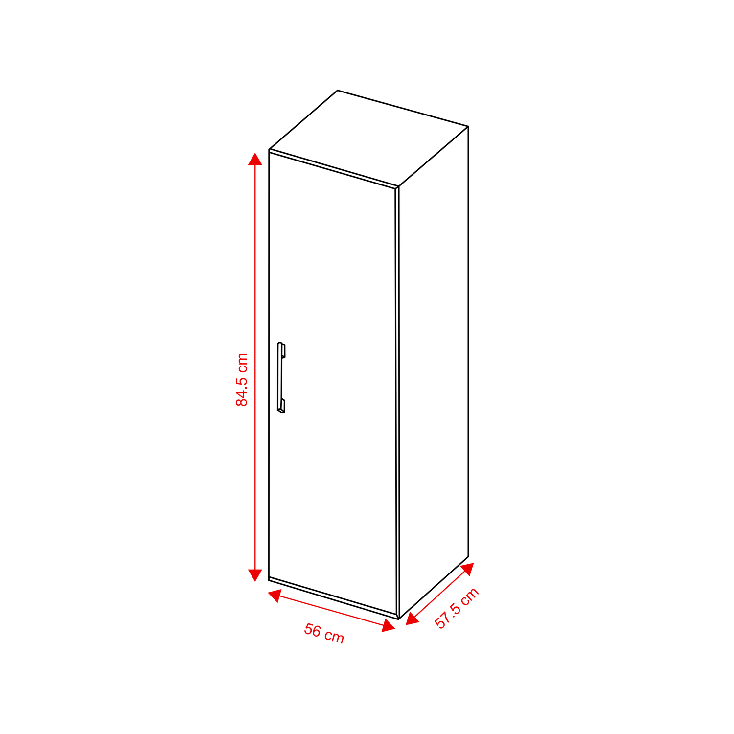 Line drawing of a cabinet with dimensions 84.5 cm height, 56 cm width, and 57.5 cm depth.
