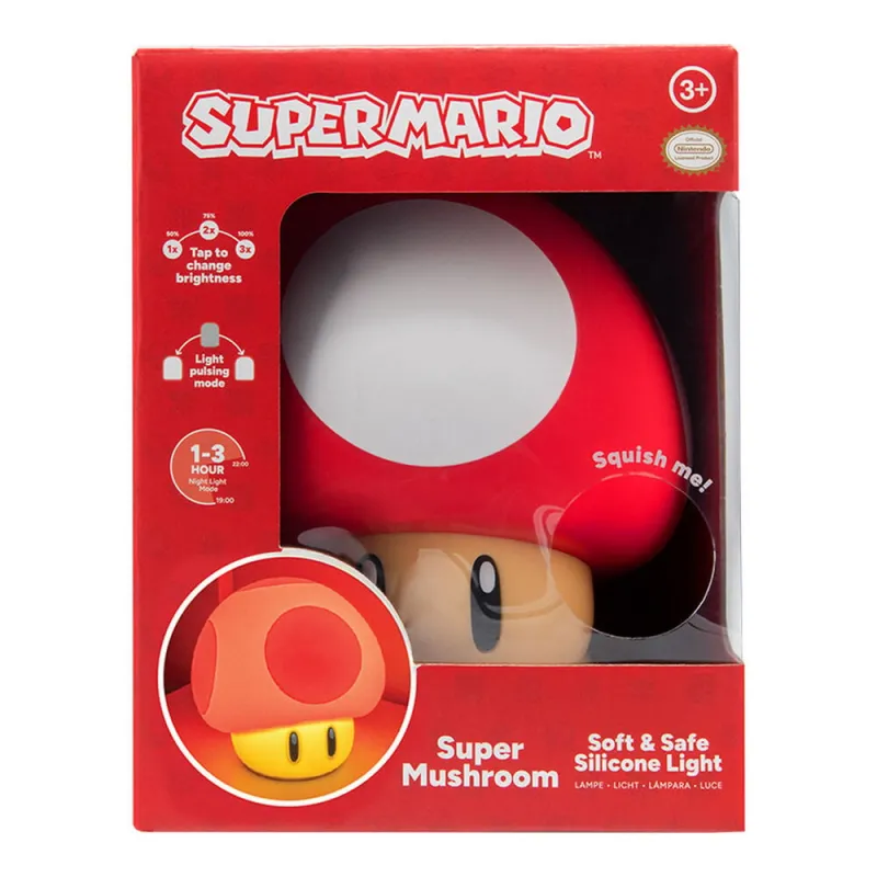 Embalaje para una luz nocturna de seta de silicona de Super Mario con diseño rojo y blanco.