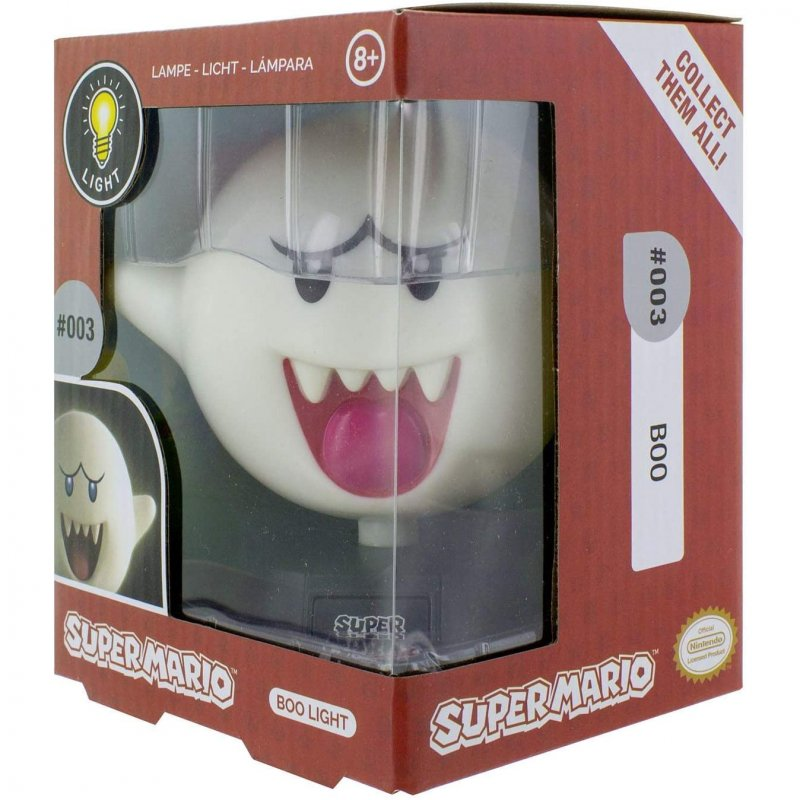 Luz de noche del fantasma Boo de Super Mario dentro de una caja roja y blanca con ventana transparente.