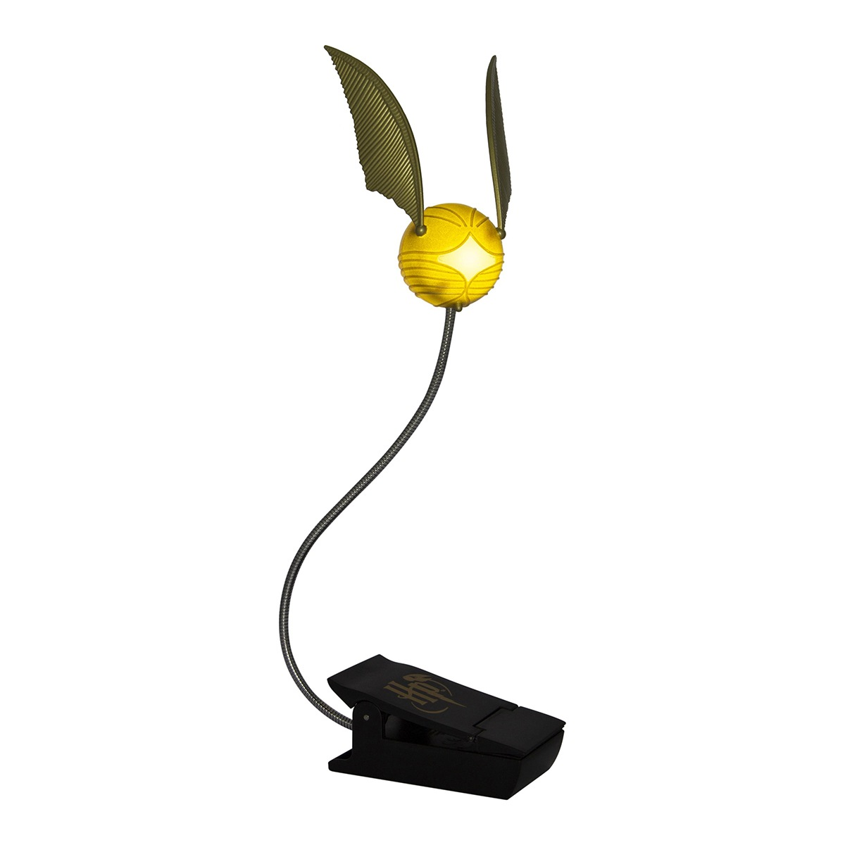 Una lámpara de escritorio Snitch dorada con brazo flexible y clip negro, sobre fondo blanco.