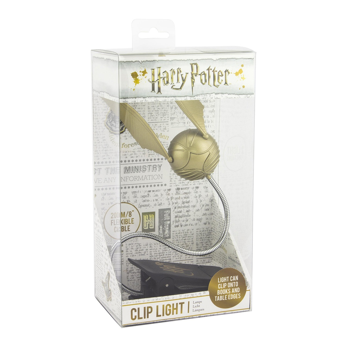 Lámpara de pinza Harry Potter Golden Snitch en caja transparente con brazo flexible y base negra.