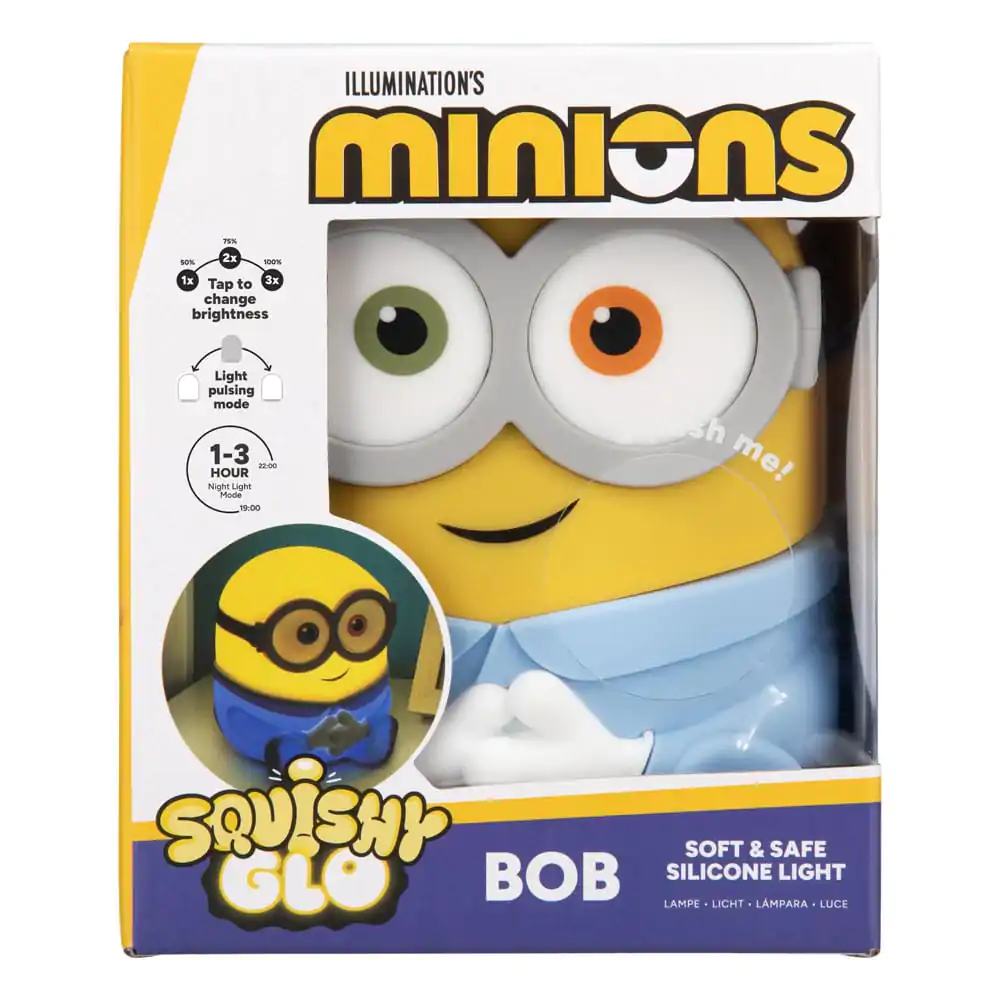 Embalaje de Squishy Glo Bob, una luz nocturna de silicona de Minions con gafas grandes.