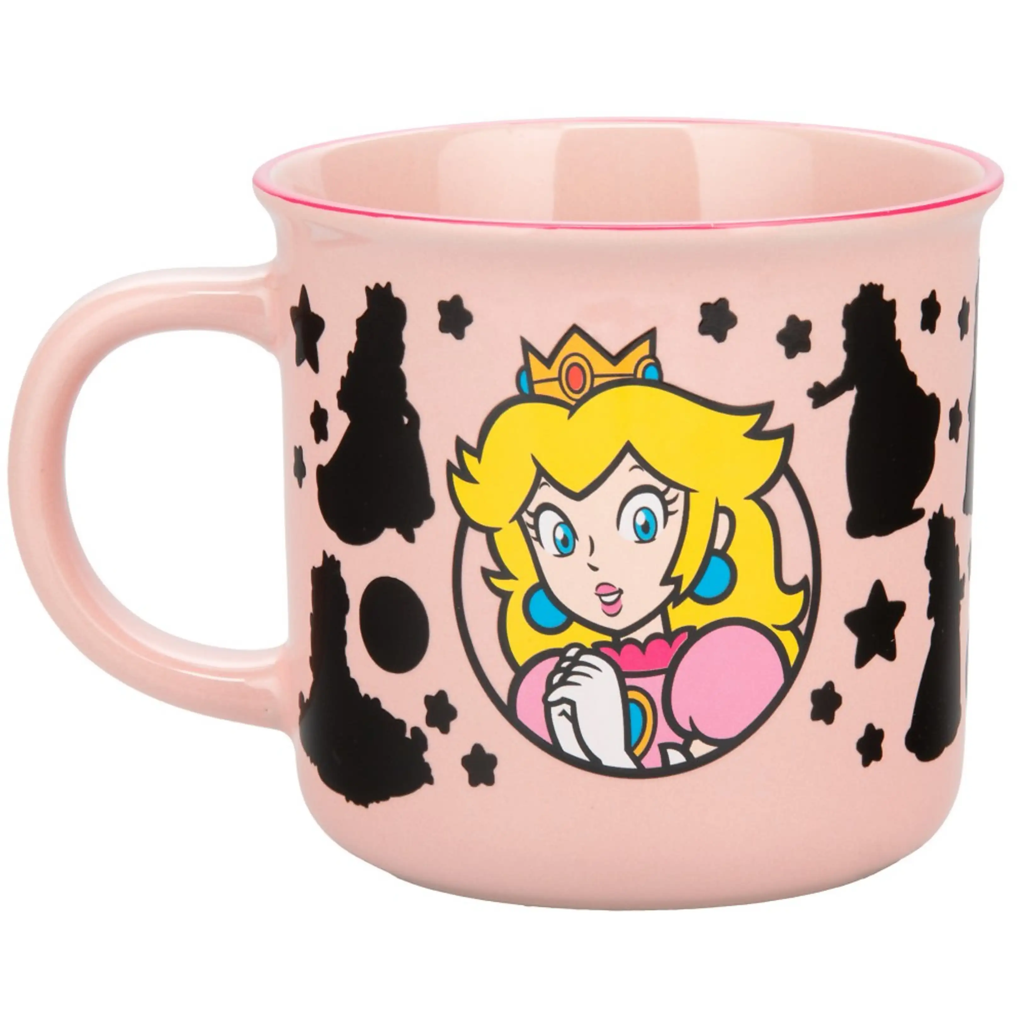Una taza de cerámica rosa claro con la Princesa Peach de Super Mario rodeada de siluetas negras de ella y estrellas.