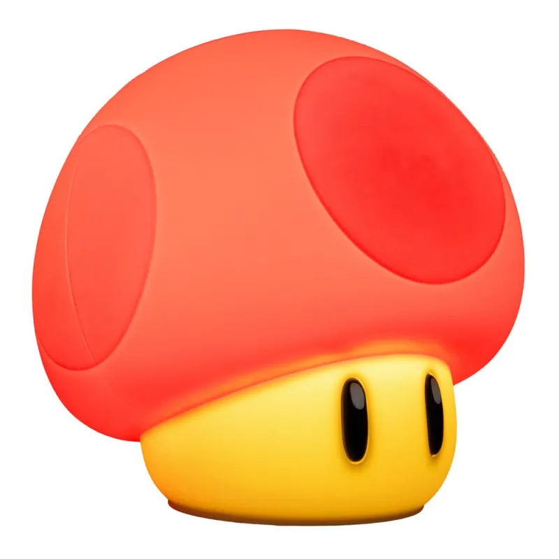 Lámpara roja de hongo Super Mario con tallo amarillo y dos ojos negros.