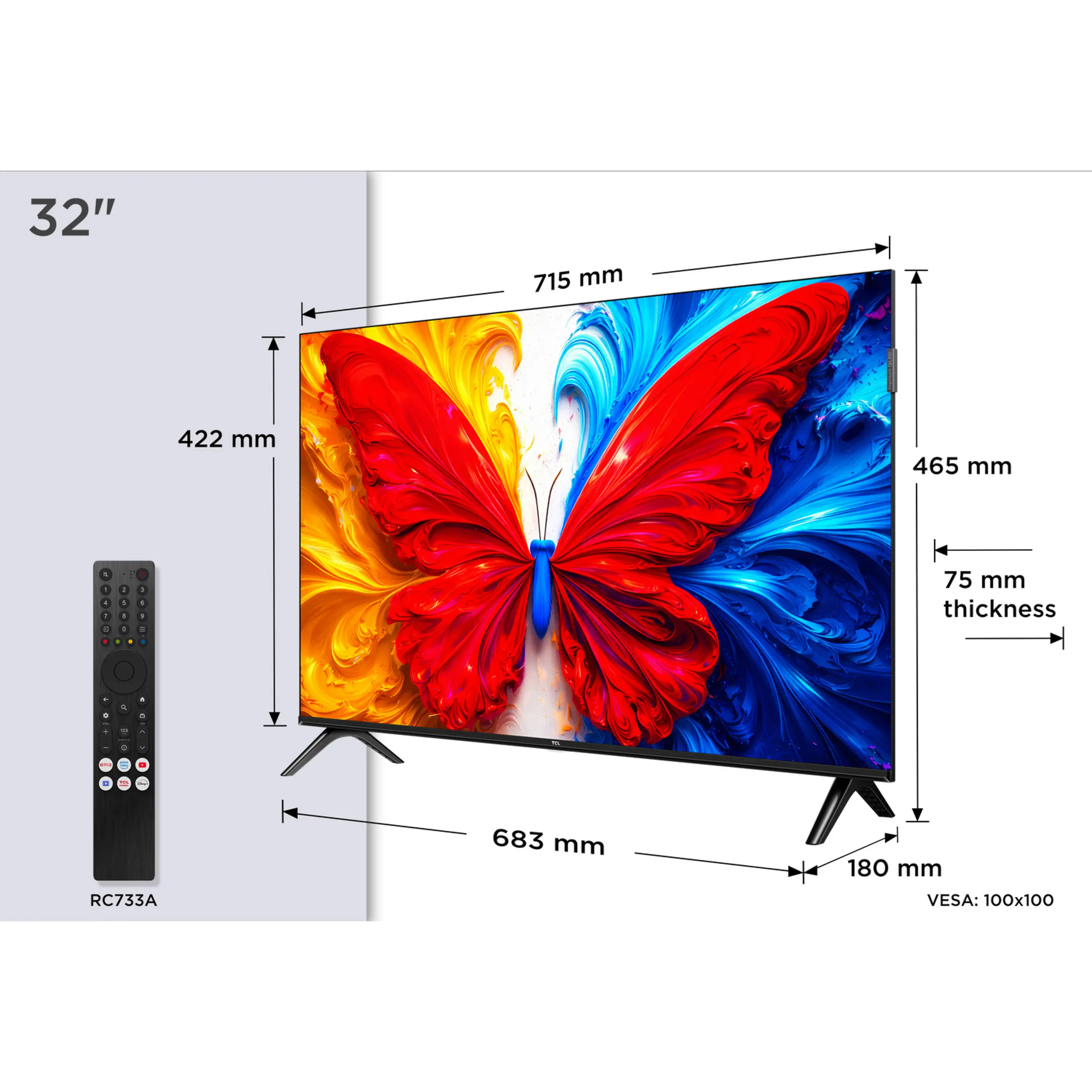 Televisor de 32 pulgadas con alas de mariposa de colores y control remoto, con medidas detalladas.