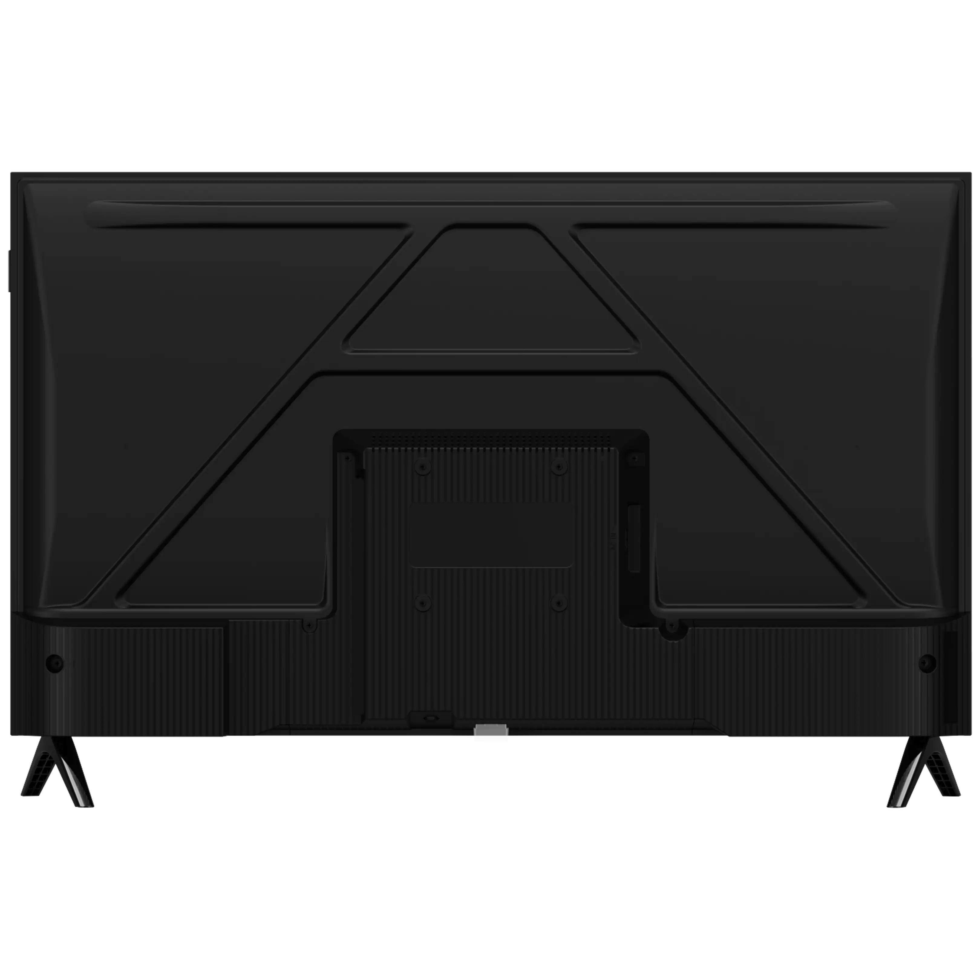 Vista trasera de un televisor negro con patas en forma de V y líneas geométricas en la carcasa.