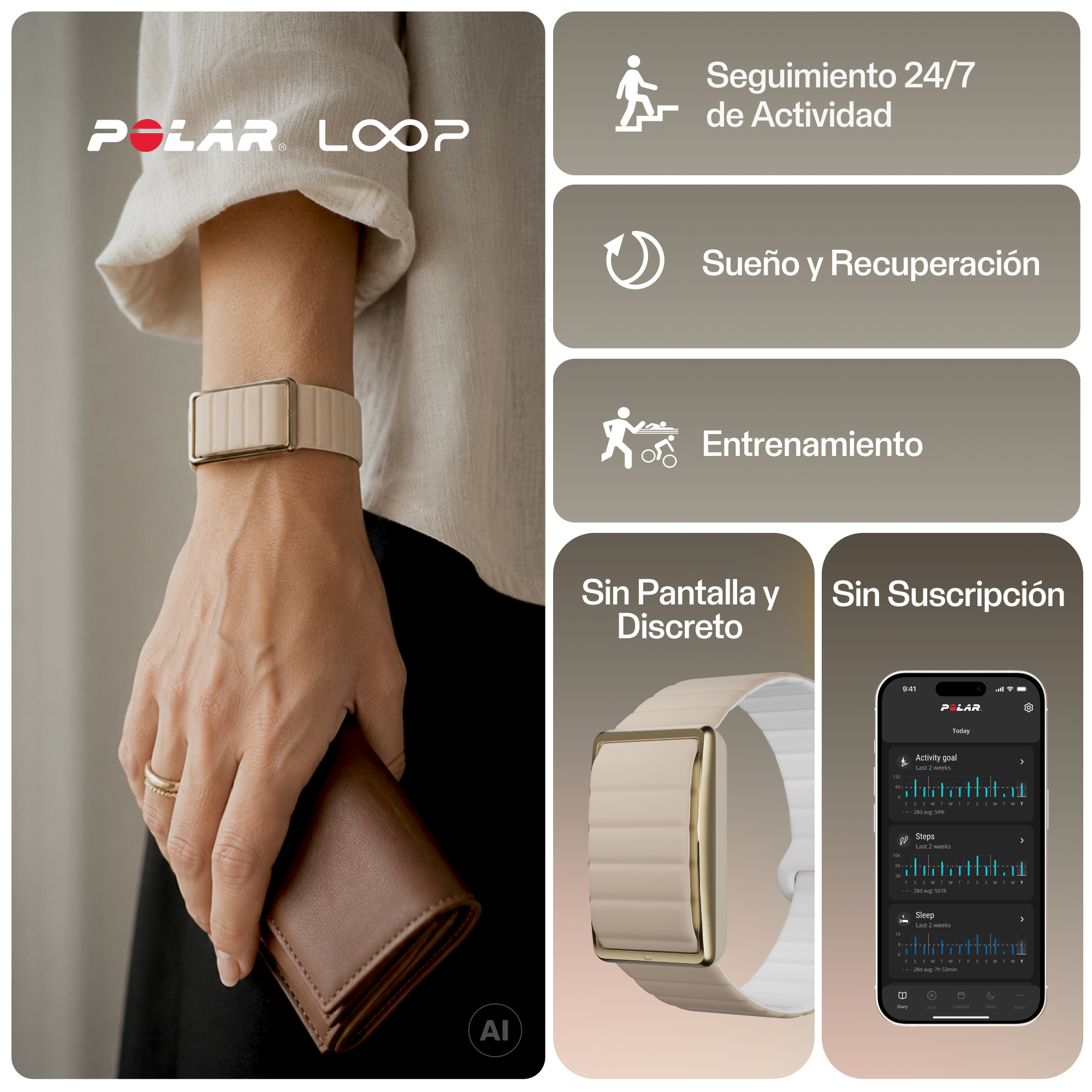 Pulsera de actividad Polar Loop en la muñeca con funciones de app.