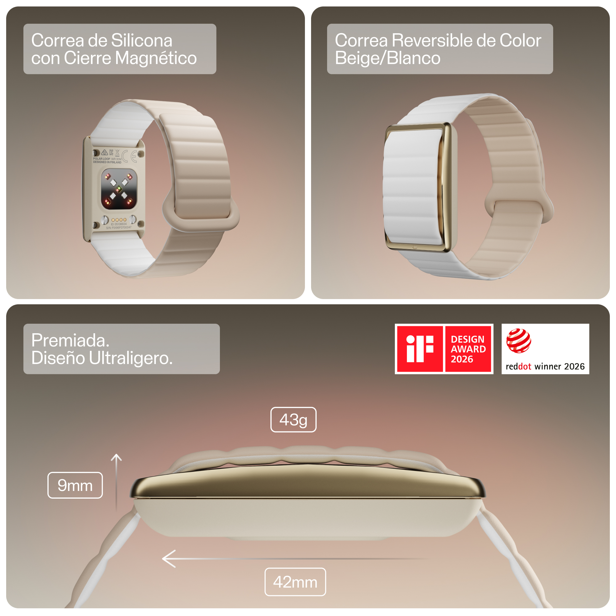 Reloj inteligente beige y blanco con correa de silicona y medidas.
