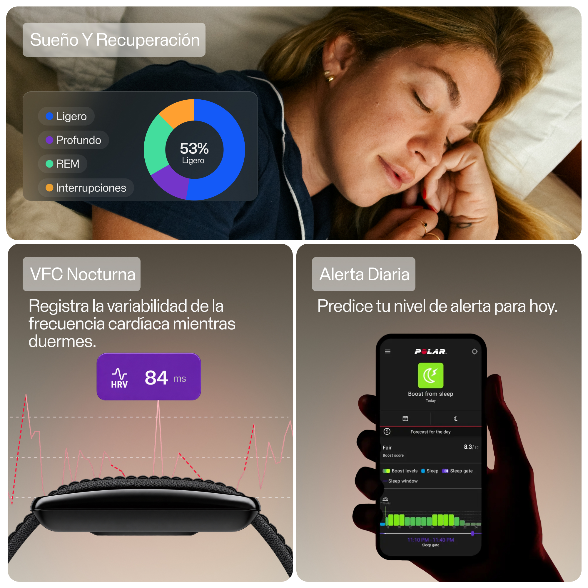Una mujer duerme, acompañada de gráficos de sueño, variabilidad de la frecuencia cardíaca y alerta en un teléfono.