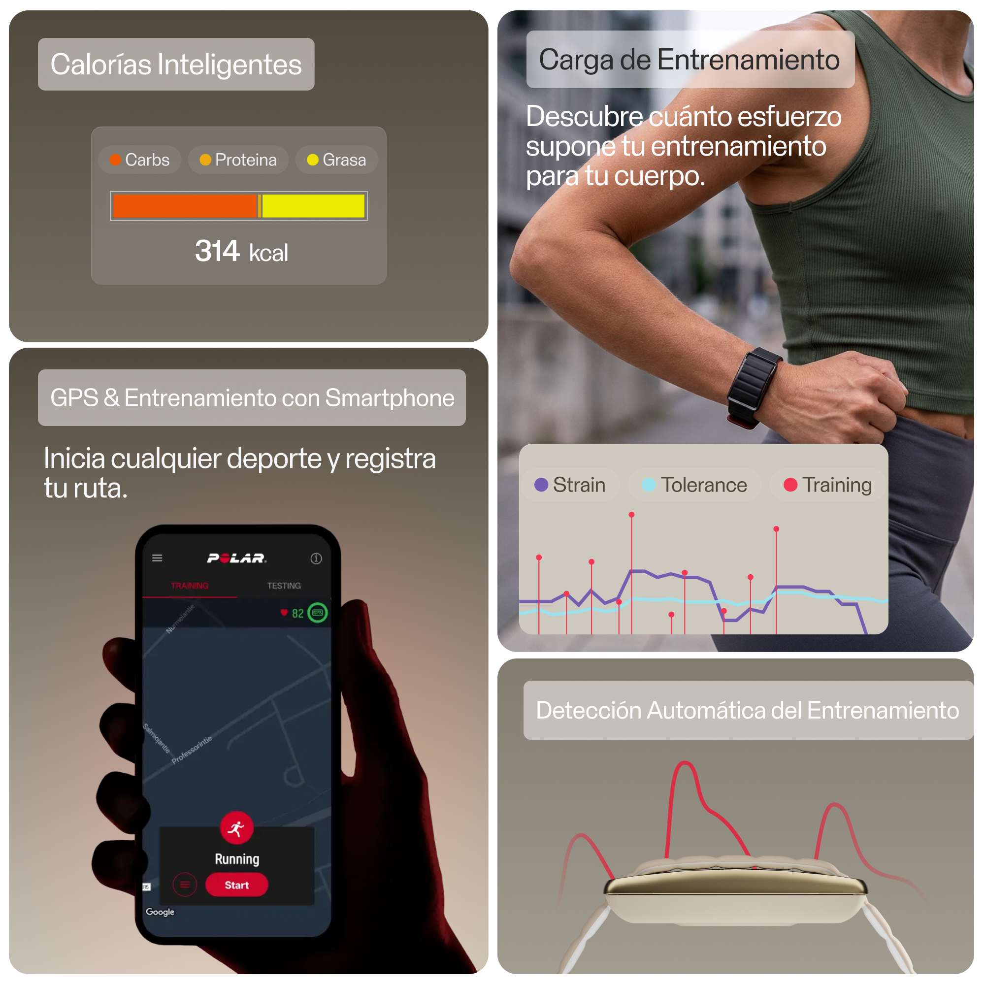 Cuatro imágenes muestran funciones de reloj de fitness: calorías, carga de entrenamiento, GPS y detección automática.