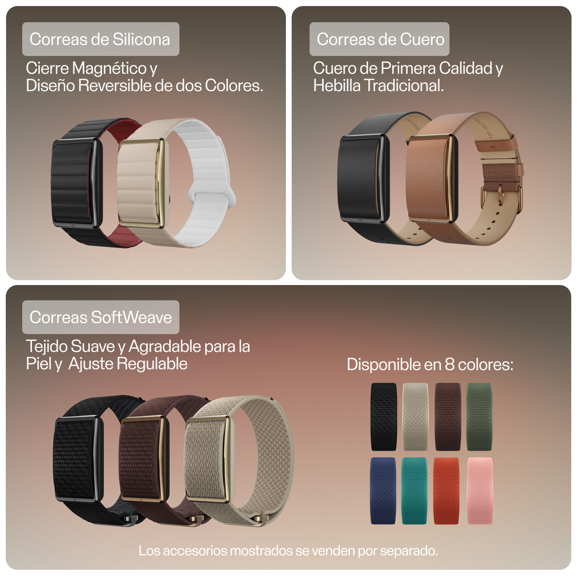 Exhibición de varias correas de reloj de silicona, cuero y SoftWeave en diferentes colores.