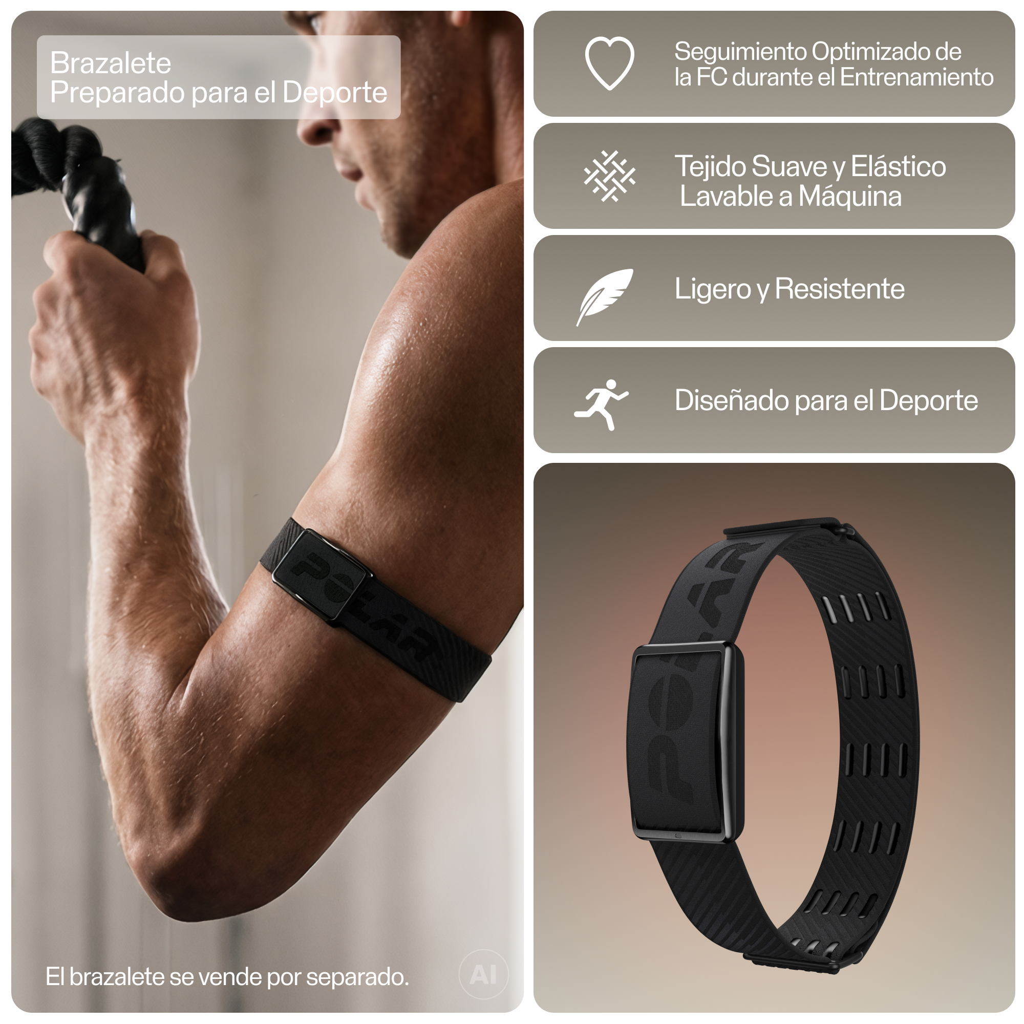 Un hombre lleva un brazalete deportivo negro, con iconos de características y el brazalete sobre fondo neutro.