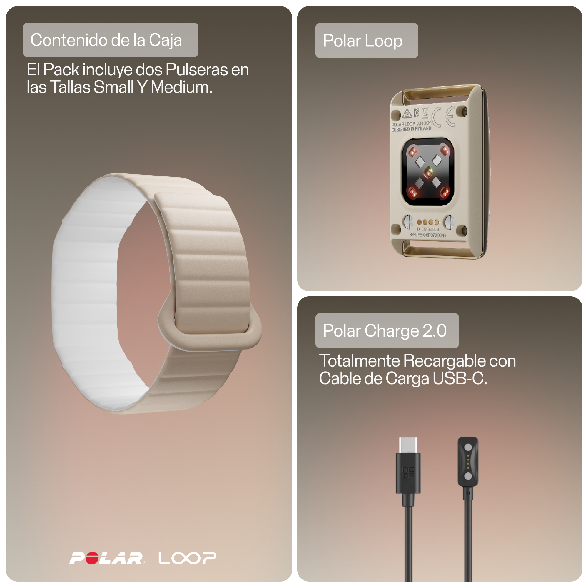 Pulsera de actividad Polar Loop con sensor y cable de carga USB-C sobre fondo beige.