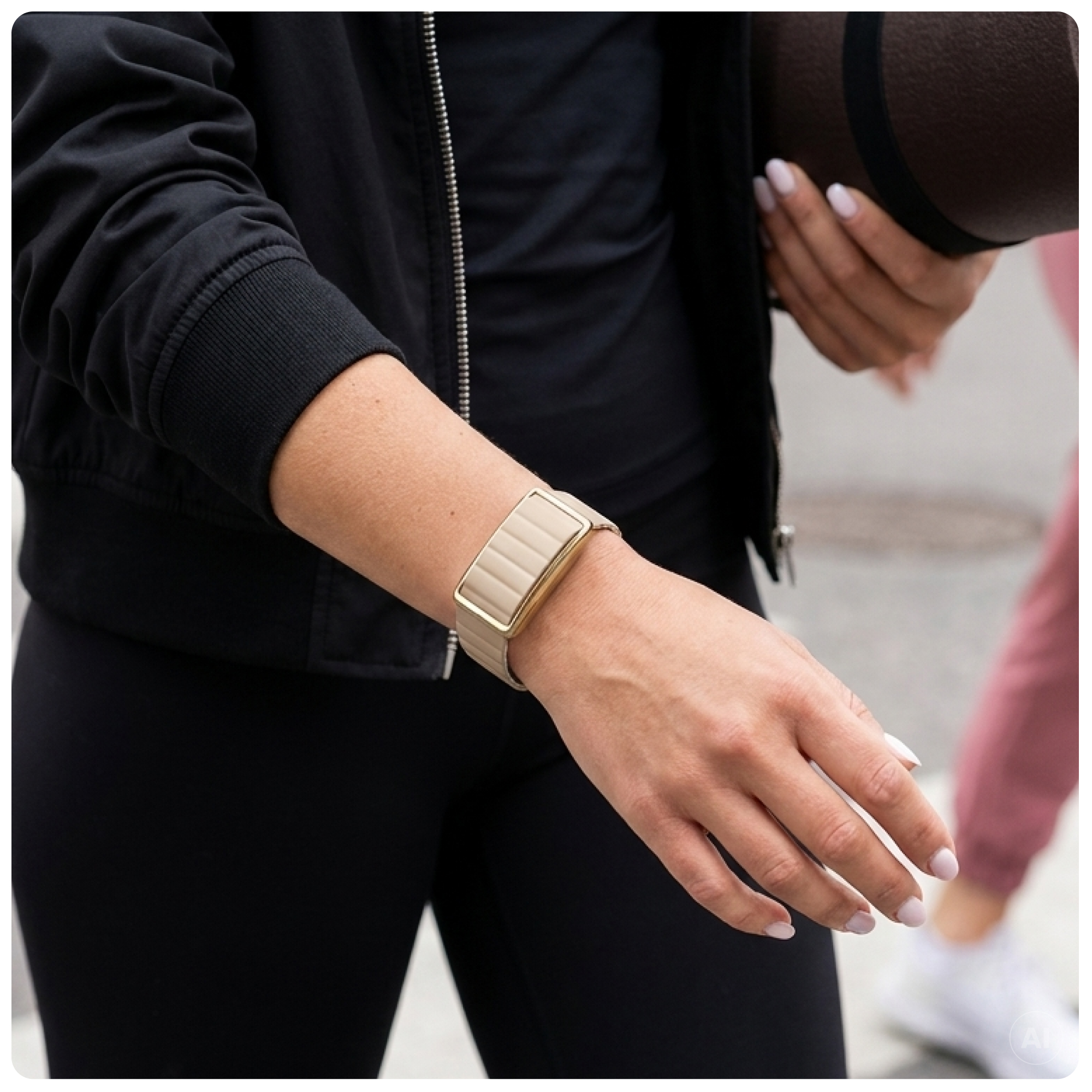 Una persona con ropa deportiva lleva una pulsera de actividad beis en la muñeca y sostiene una esterilla.