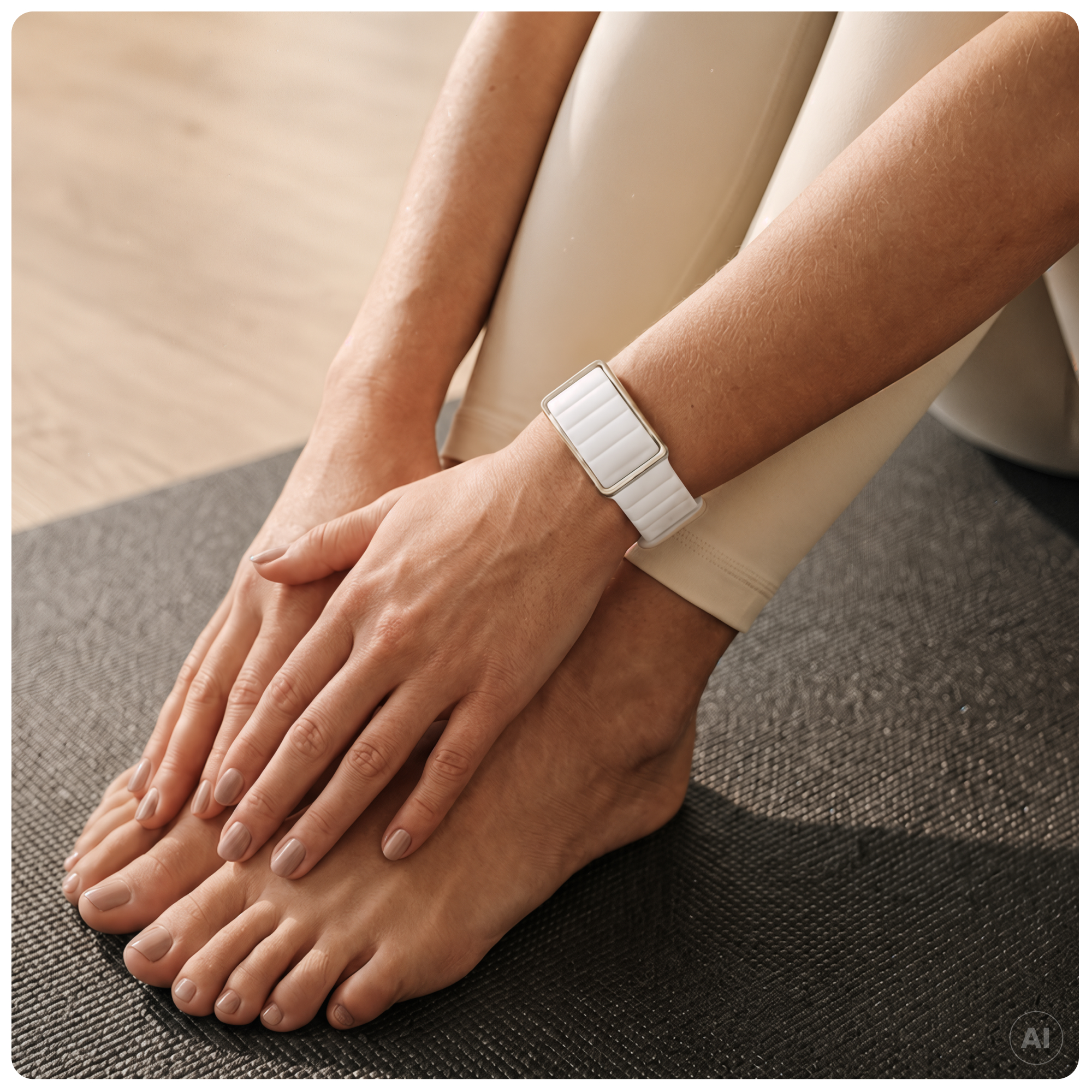 Una persona sentada en una esterilla de yoga con un monitor de actividad blanco en la muñeca.