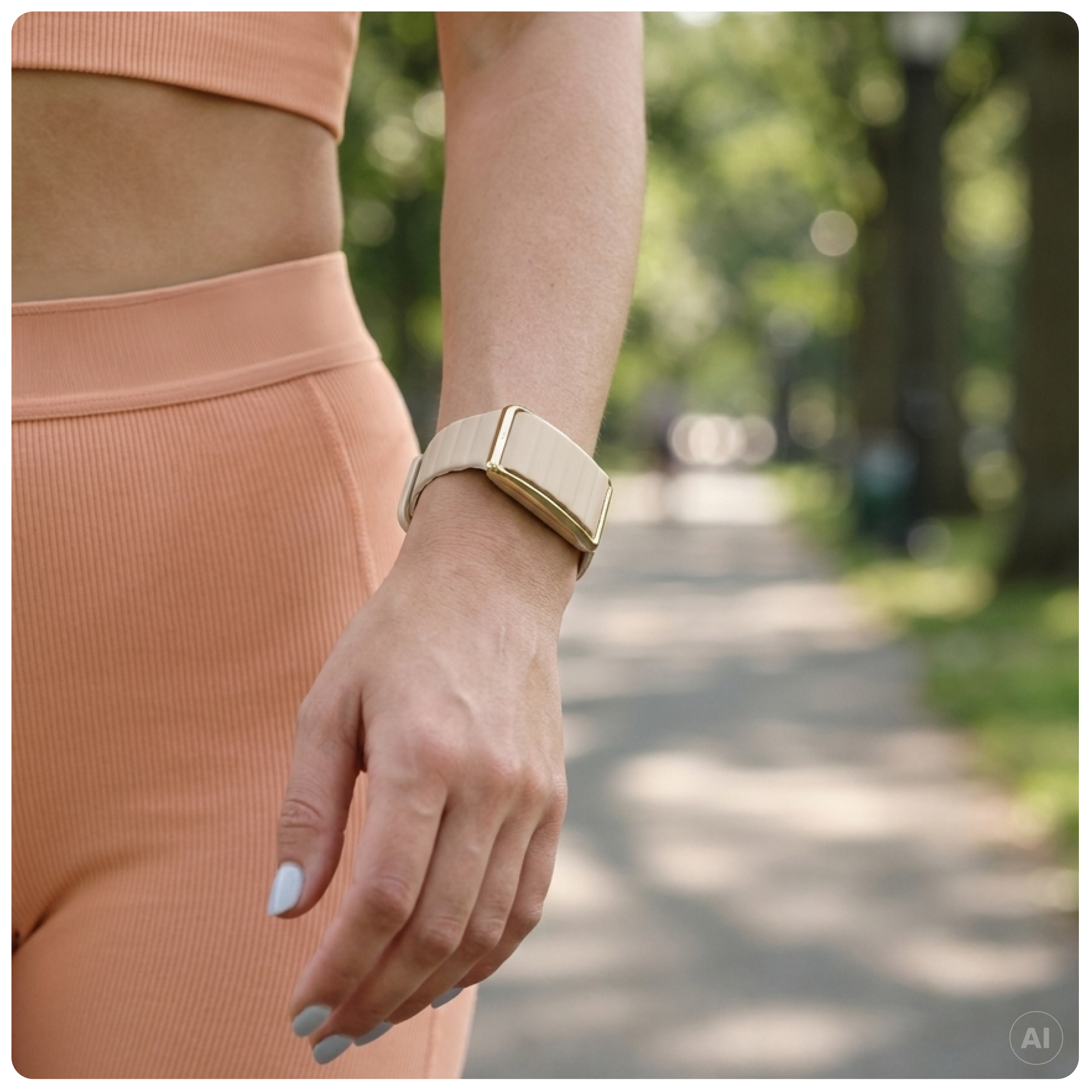 Una mujer con ropa deportiva color melocotón lleva un rastreador de fitness beige en la muñeca en un parque.
