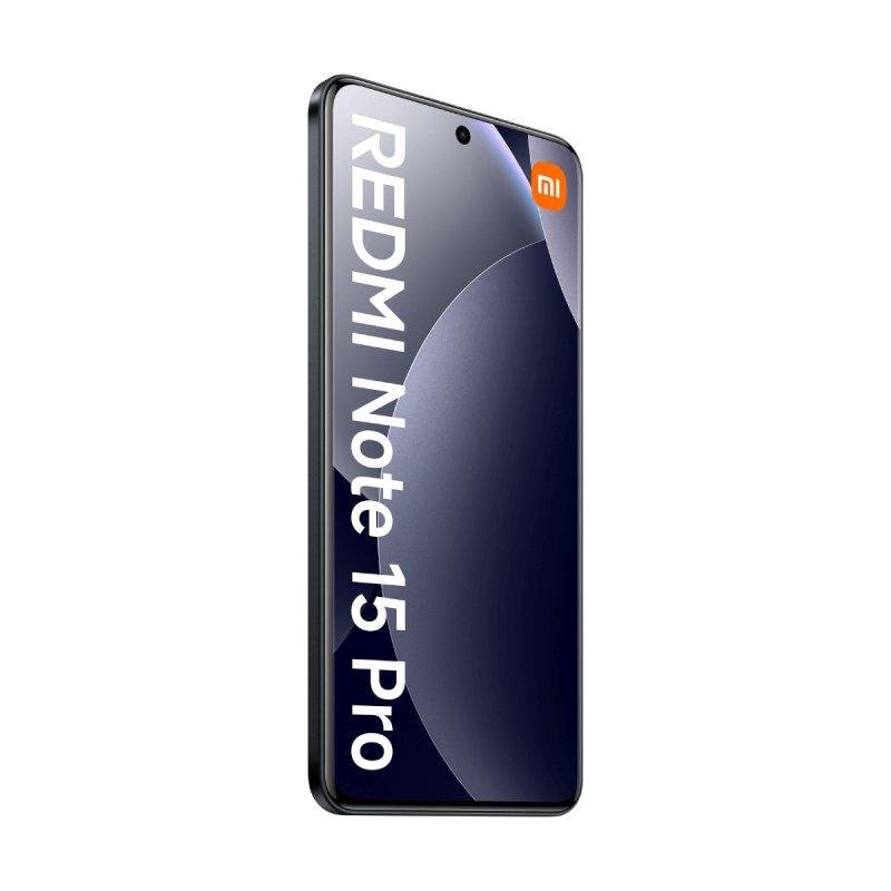 Un smartphone negro Redmi Note 15 Pro que muestra un fondo de pantalla abstracto oscuro y texto.