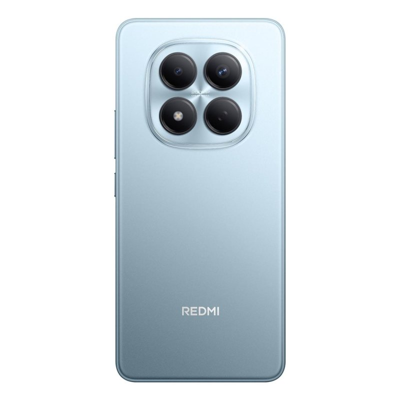 La parte trasera de un smartphone Redmi azul claro muestra un gran módulo de cámara cuadrado y el logotipo de Redmi.