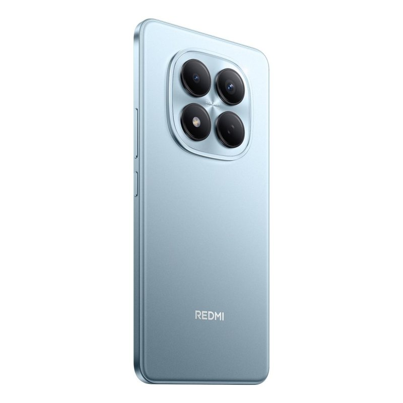 La parte trasera de un smartphone Redmi azul claro con cuatro lentes de cámara en un módulo cuadrado.