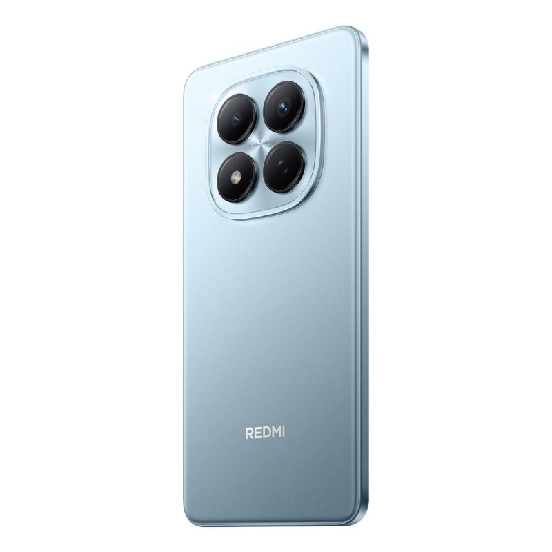 Parte trasera de un smartphone Redmi azul claro con cuatro cámaras.