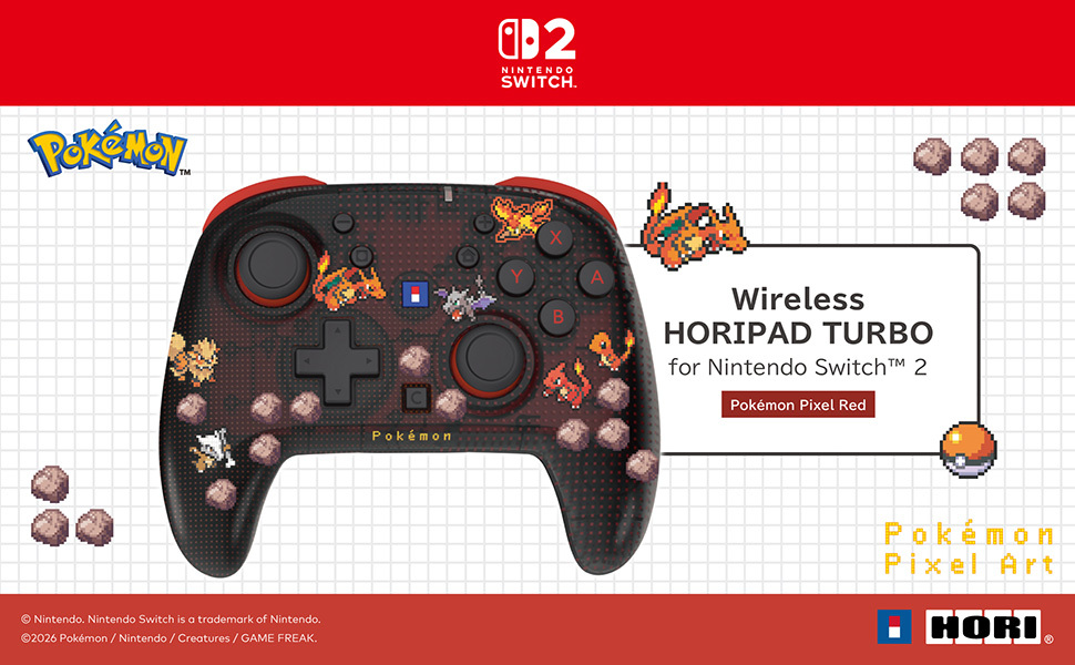 Controller wireless Pokémon Pixel Red Horipad Turbo per Nintendo Switch 2, nero e rosso con Pokémon in pixel.