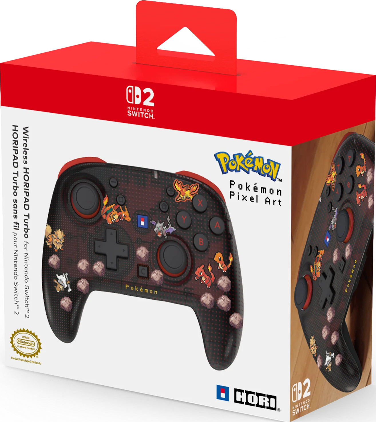 Confezione rossa e bianca per un controller wireless HORIPAD Turbo con design in pixel art Pokémon.