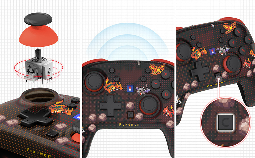 Controller di gioco Pokémon con joystick smontato, motivo e pulsante C ingrandito.