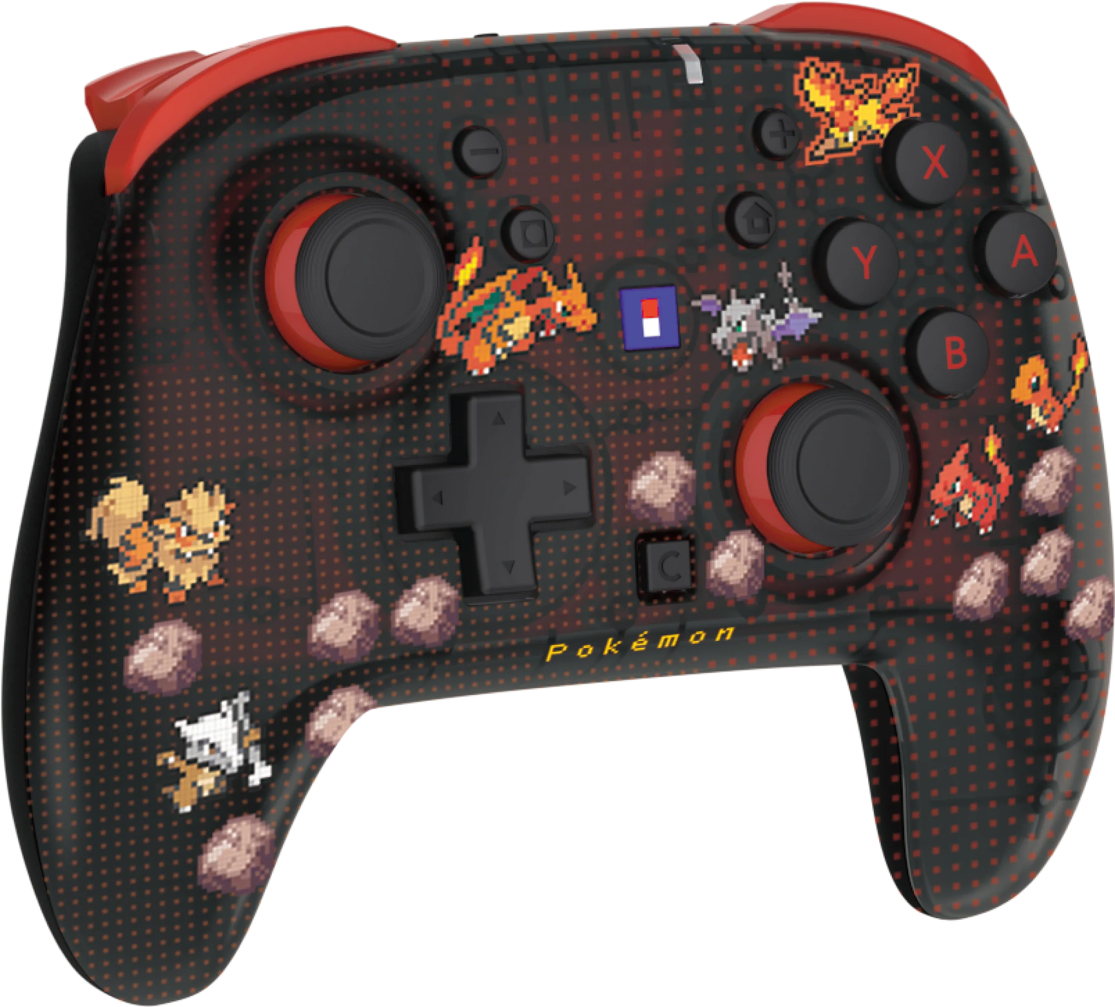 Un controller di gioco Pokemon nero e rosso con grafica pixel di Charizard, rocce e il logo Pokemon.