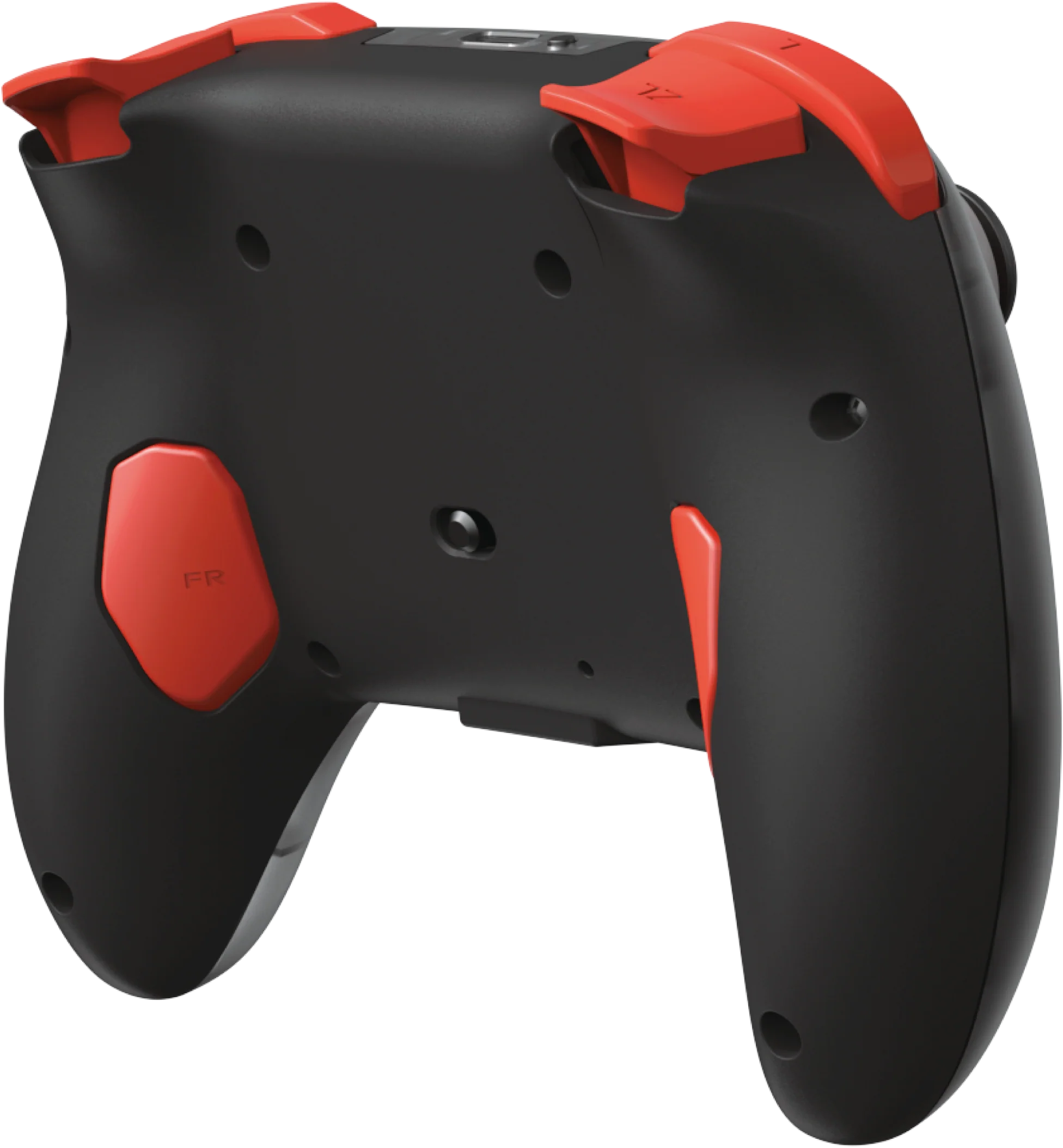 Vista posteriore di un controller nero con dettagli rossi sui grilletti e sulle impugnature.
