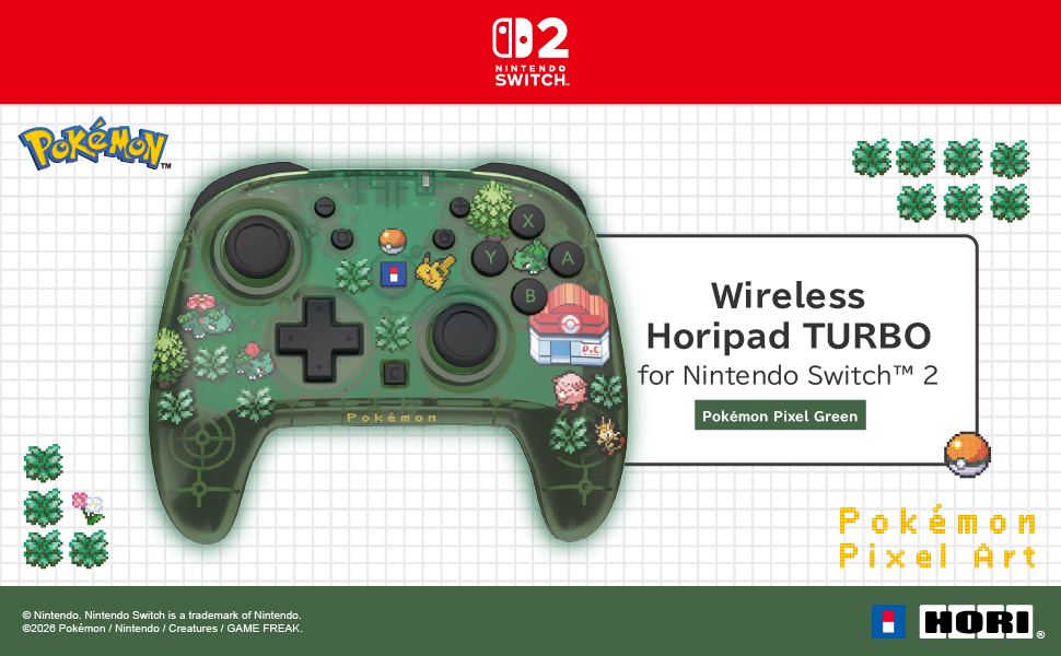 Controller wireless Horipad TURBO verde per Nintendo Switch 2 con design in pixel art Pokémon.