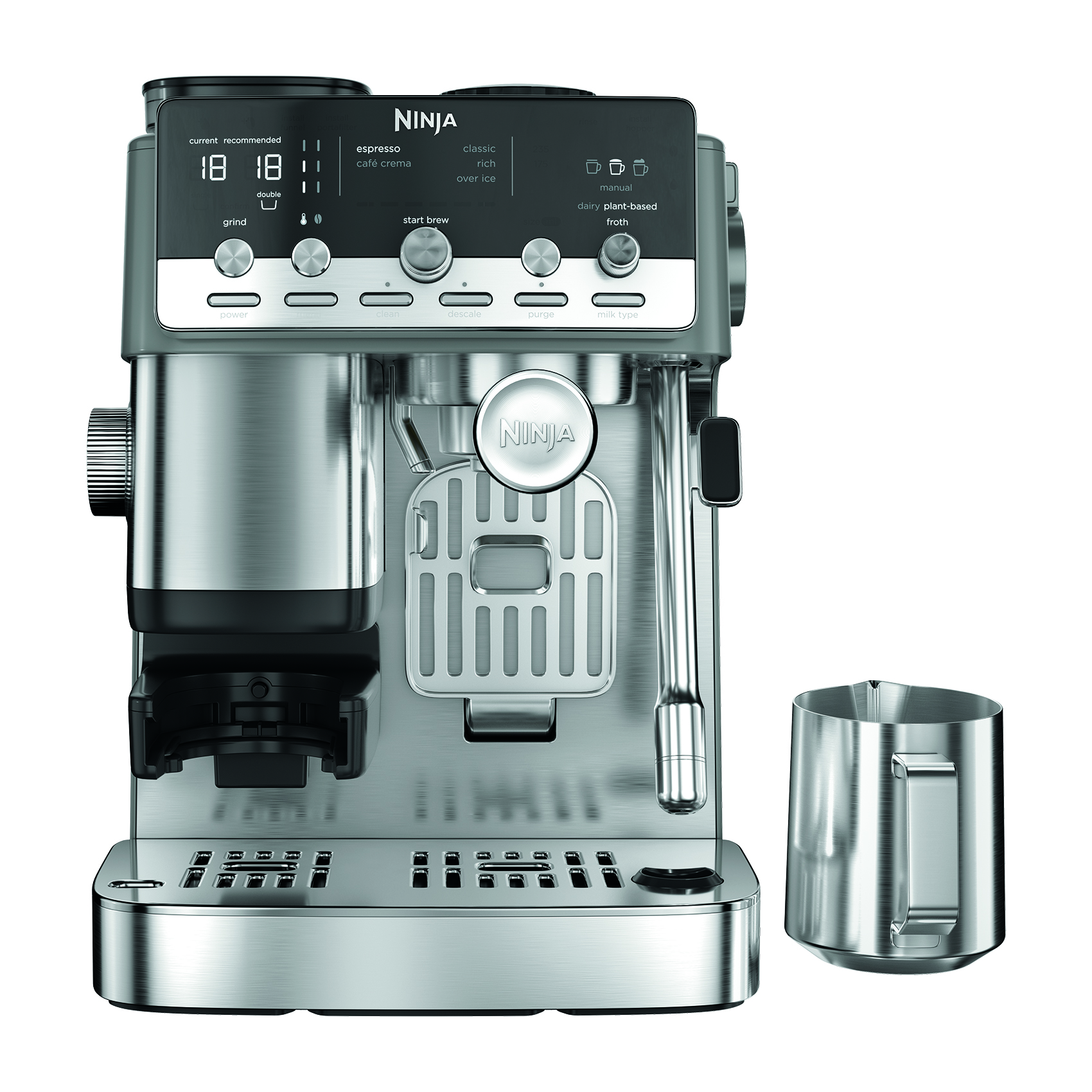 Una cafetera espresso Ninja plateada con controles digitales, portafiltro y jarra para leche.