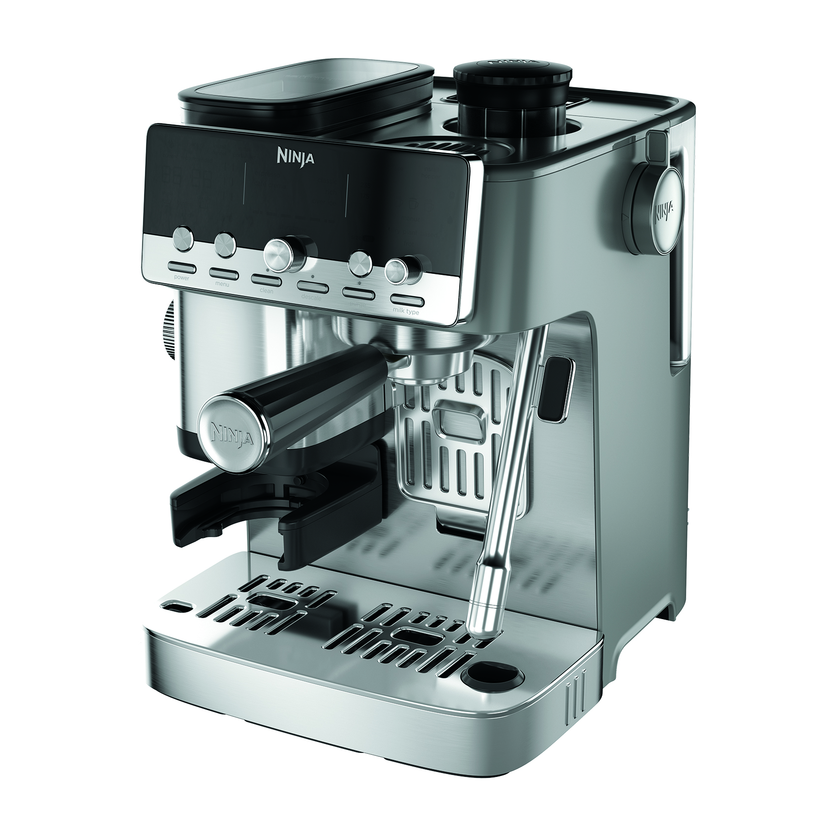 Moderna cafetera espresso Ninja plateada con pantalla digital, portafiltro y vaporizador sobre fondo blanco.