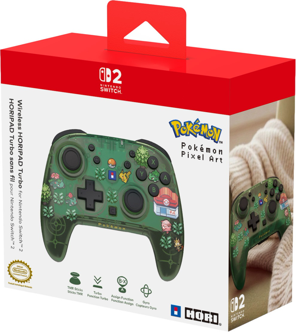 Confezione rosso e bianca che mostra un controller HORIPAD verde trasparente con grafica Pokémon.