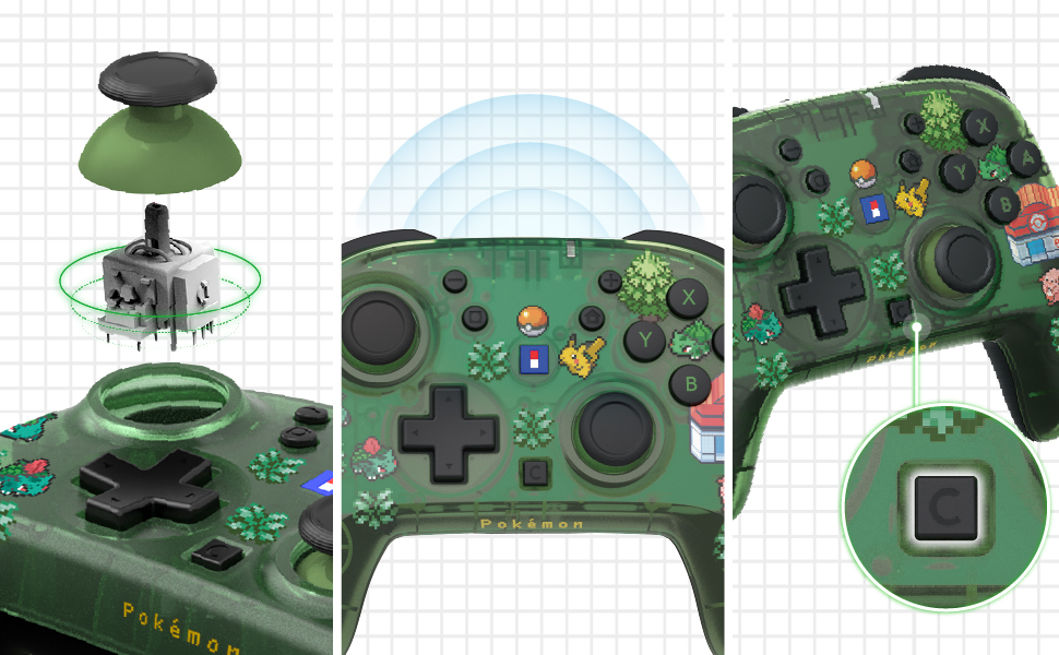 Tre pannelli che mostrano un controller verde a tema Pokemon, il meccanismo del joystick e il dettaglio di un pulsante.