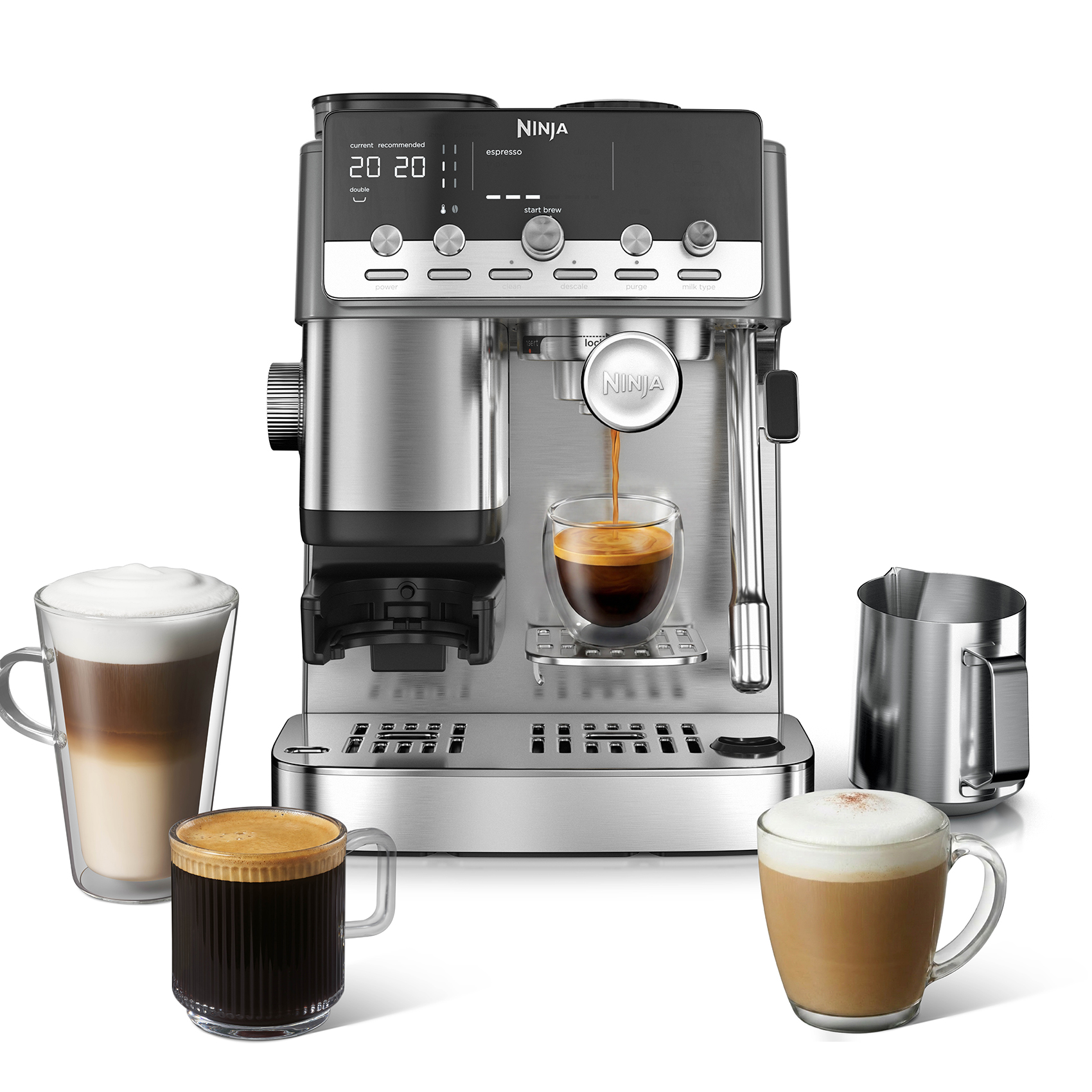 Una cafetera espresso Ninja plateada con controles digitales, preparando espresso, rodeada de tazas de café y una jarra.