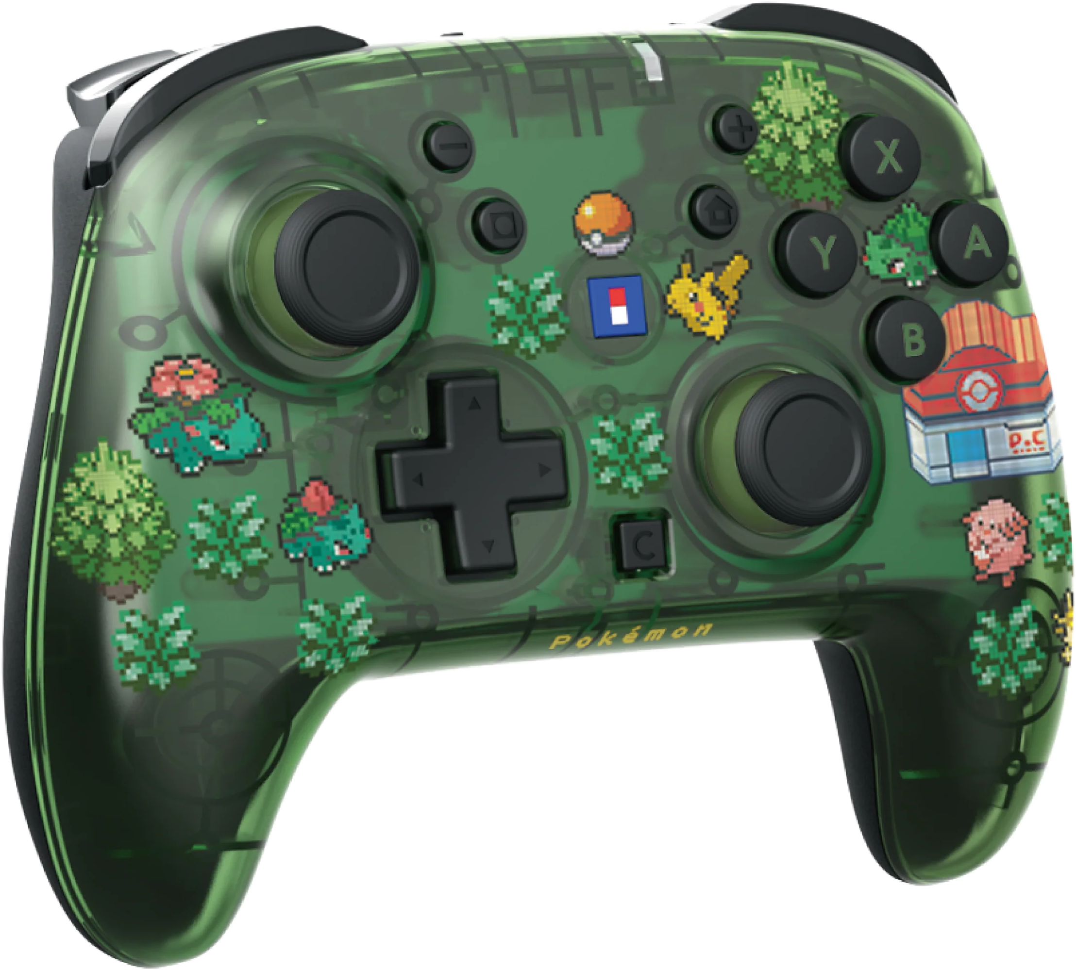 Controller Pokémon verde trasparente con personaggi in pixel art e Pokéball.