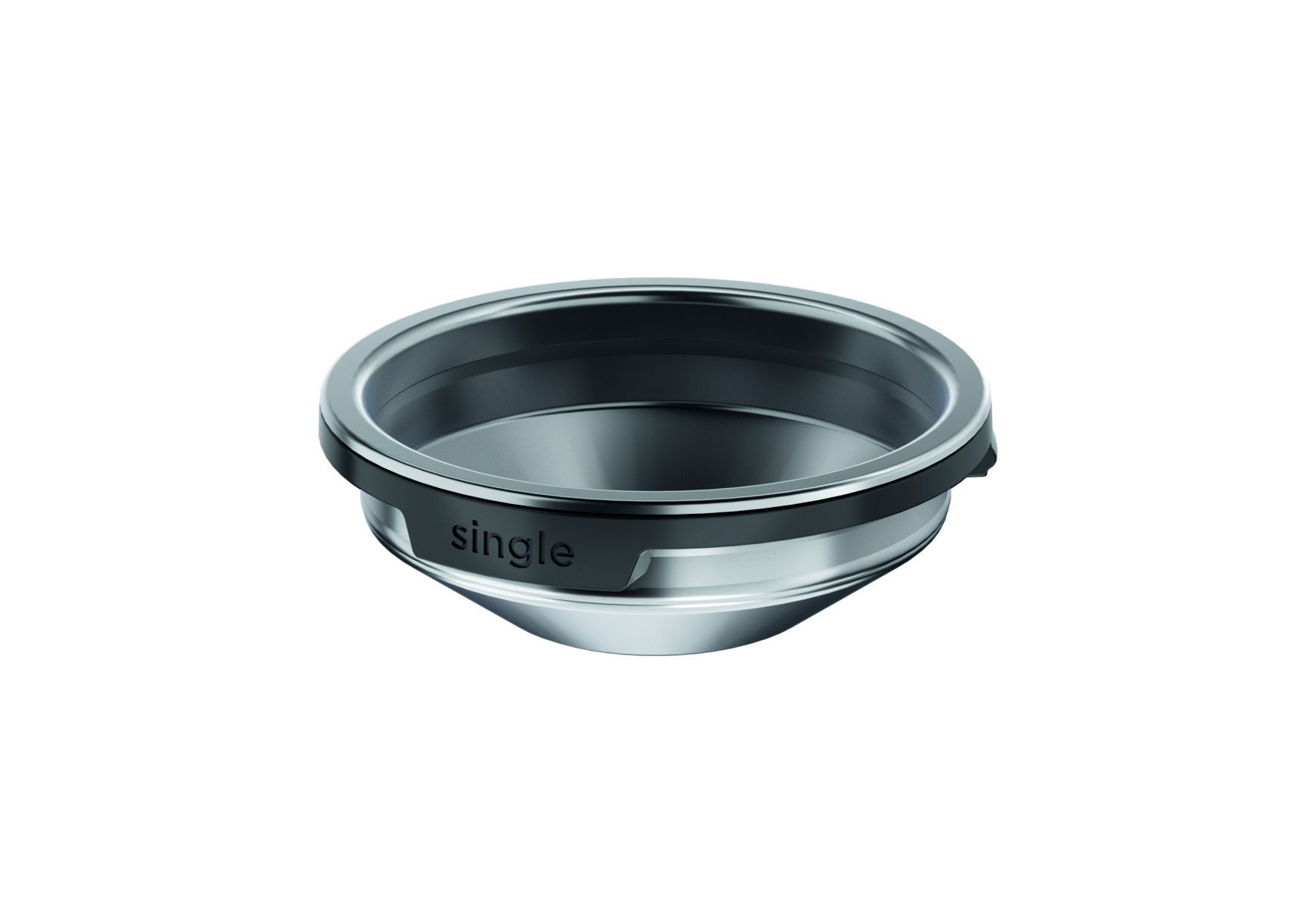 Un filtro de café de metal plateado con borde negro y la palabra single sobre fondo blanco.