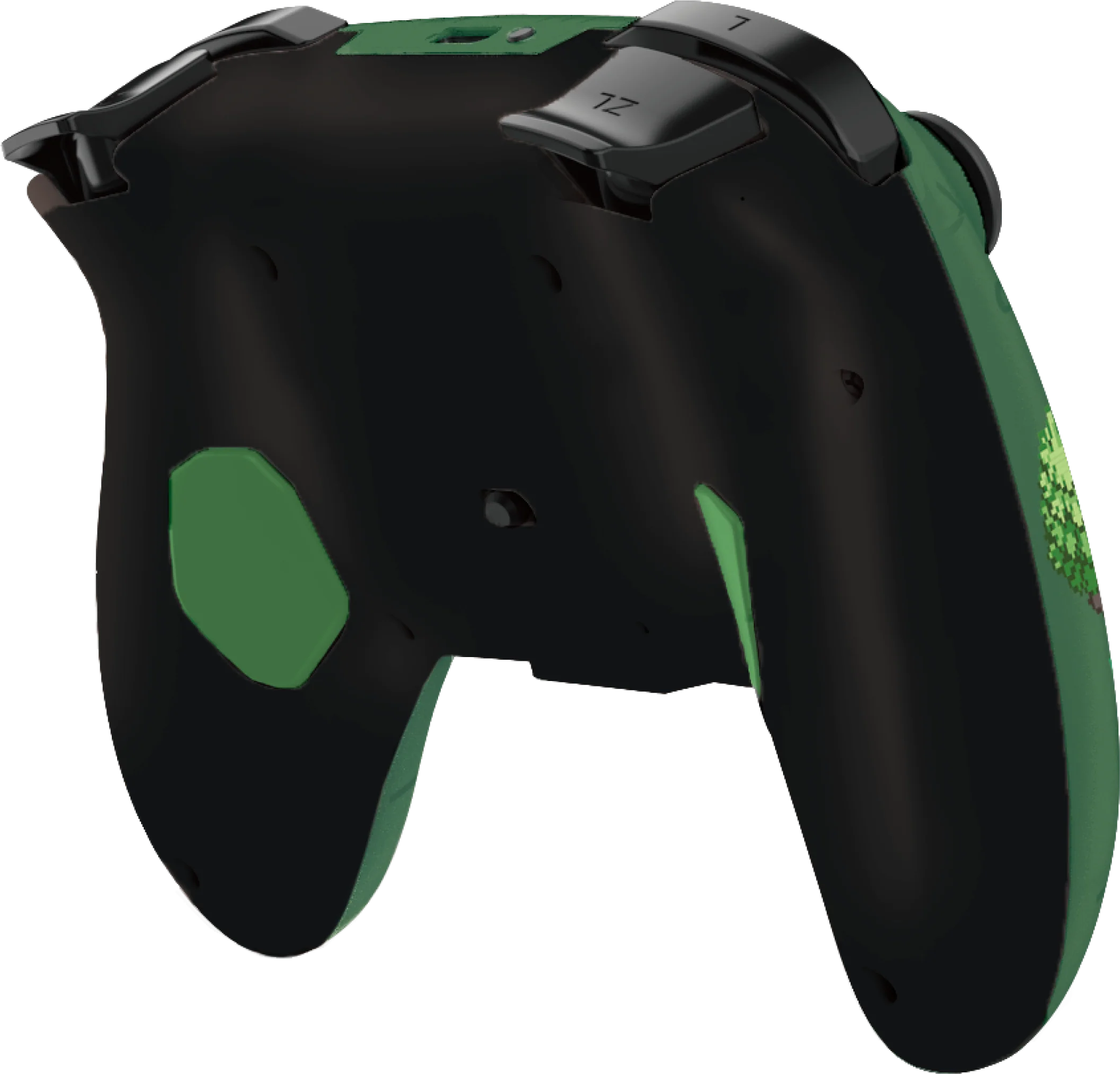 Vista posteriore di un controller di gioco nero e verde con i tasti ZL e ZR.