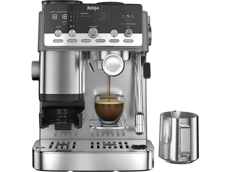 Cafetera express - Ninja Luxe Café Mini Plus ES352EU, 9bar, 1650W, 1 Taza, Capacidad depósito agua 1,3L, café 250g., Plata y negro