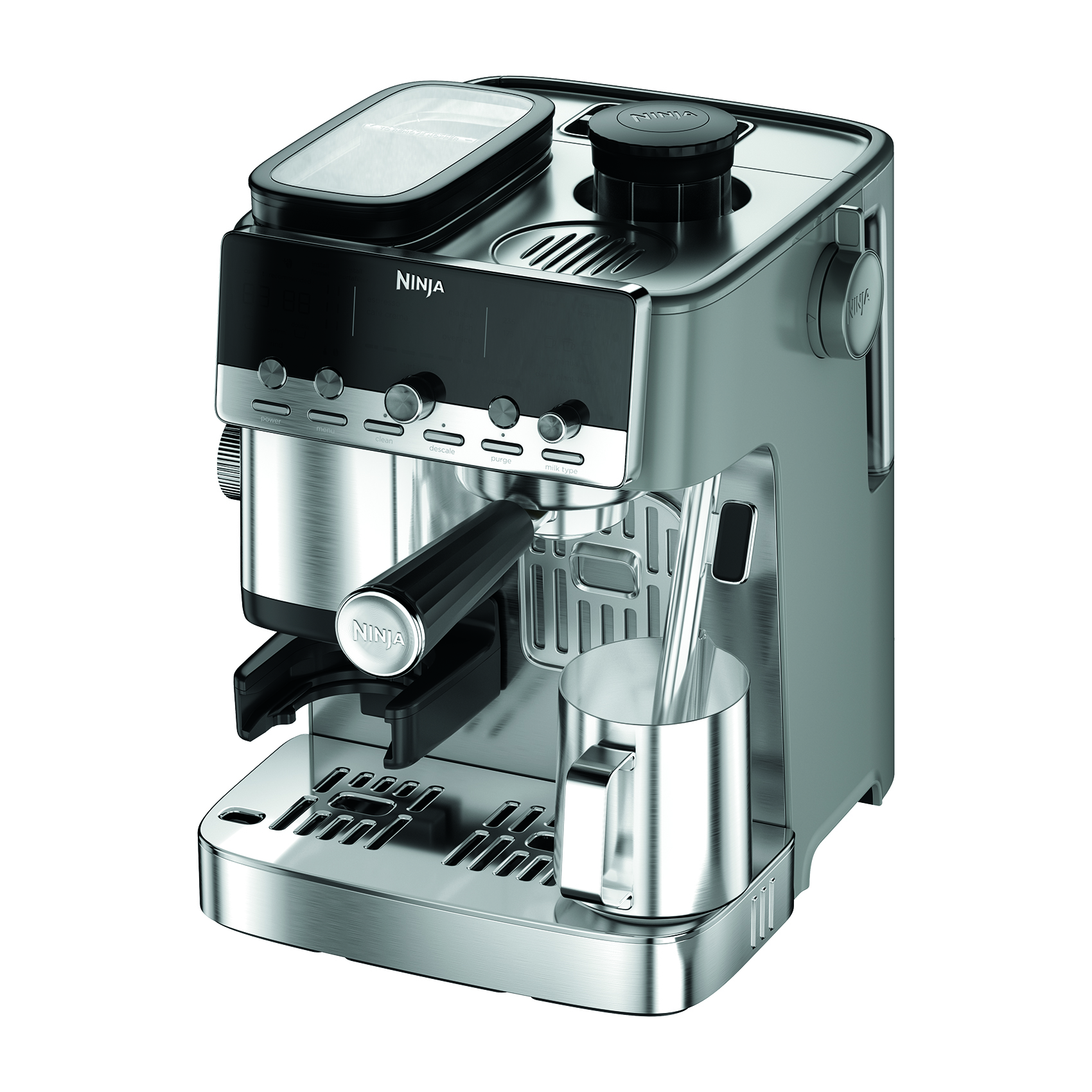 Moderna máquina de espresso Ninja de acero inoxidable con portafiltro y jarra para espumar leche.