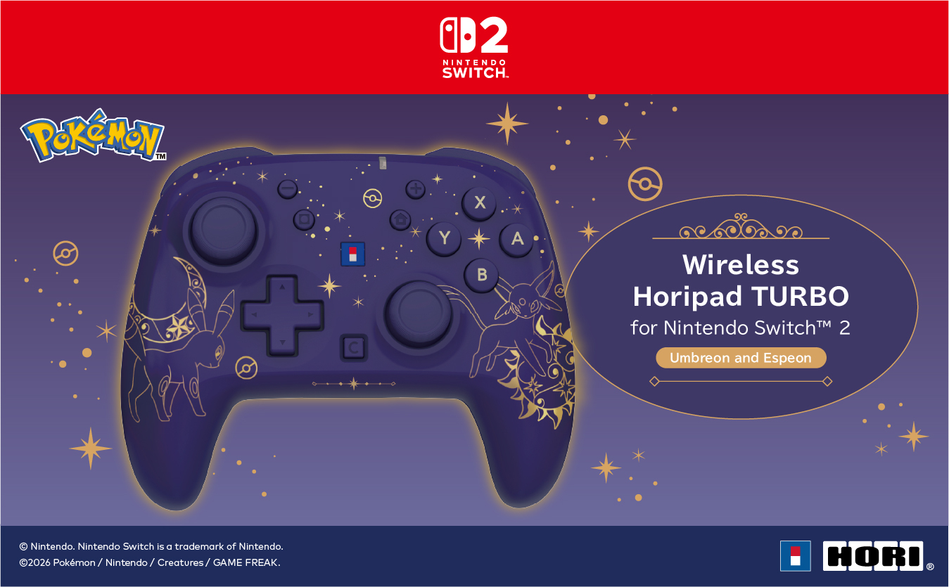 Un controller Wireless Horipad TURBO viola per Nintendo Switch 2 con design di Umbreon ed Espeon.