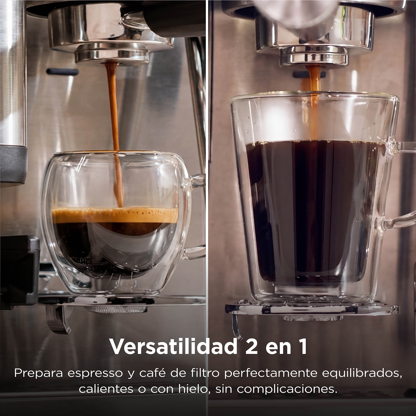 Espresso y café de filtro recién preparados en dos tazas de cristal con texto publicitario.